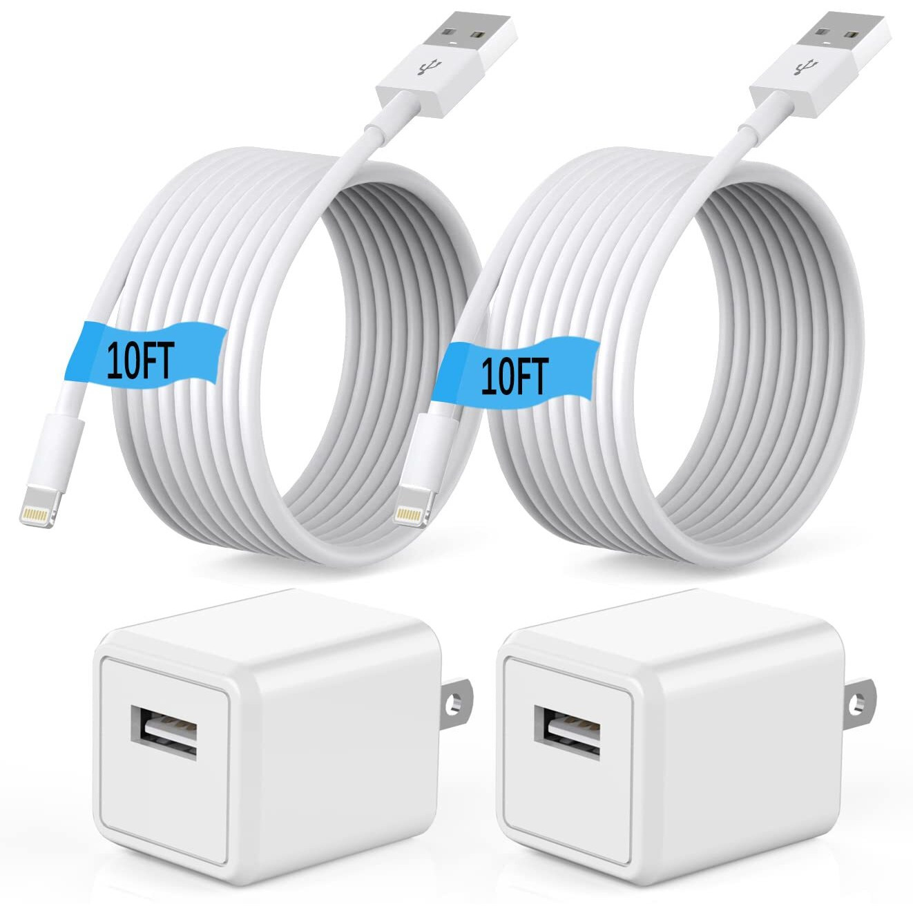 (Apple Mfi Certified) Iphone Charger 10Ft,2Pack 10Foot Long Fast Charging Lightning Cord Cable 2Pack Usb Wall Charger Travel Plug Adapter Box For Iphone 14/13/12 Mini/11 Pro Max/10/Xs/Xr/X/8/7/Se,Ipad