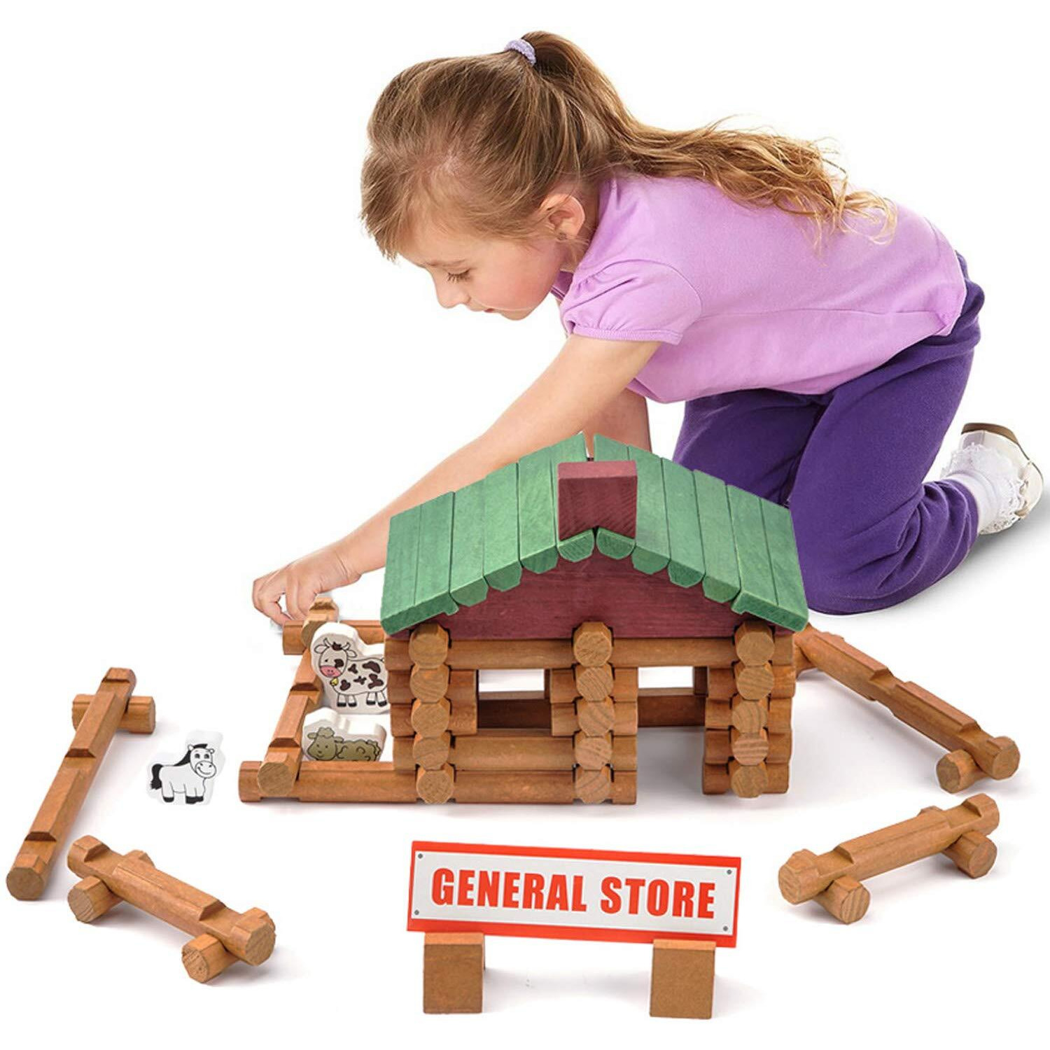 Wondertoys 170 Pieces Wood Logs Set Ages 3+, Classic Building Log Toys For Boy, Creative Construction Engineering Educational Gifts