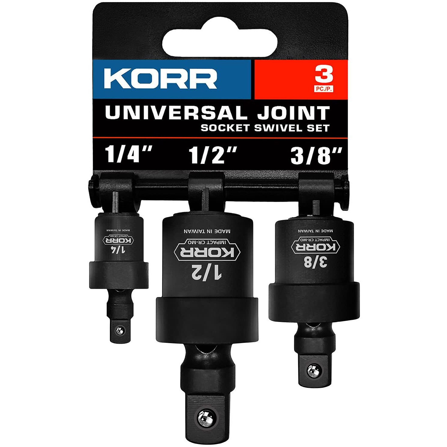 Korr Tools Kss007 3Pc Impact Grade Universal Joint Swivel Socket Set 1/4-Inch, 3/8-Inch, 1/2-Inch Drive