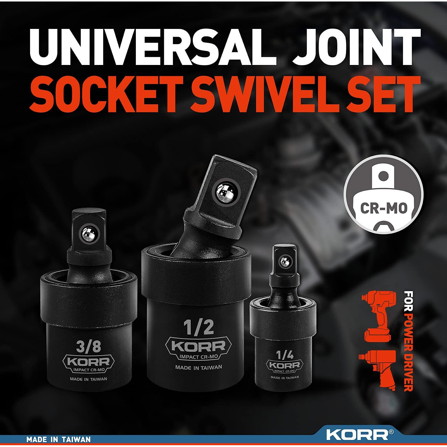 Korr Tools Kss007 3Pc Impact Grade Universal Joint Swivel Socket Set 1/4-Inch, 3/8-Inch, 1/2-Inch Drive