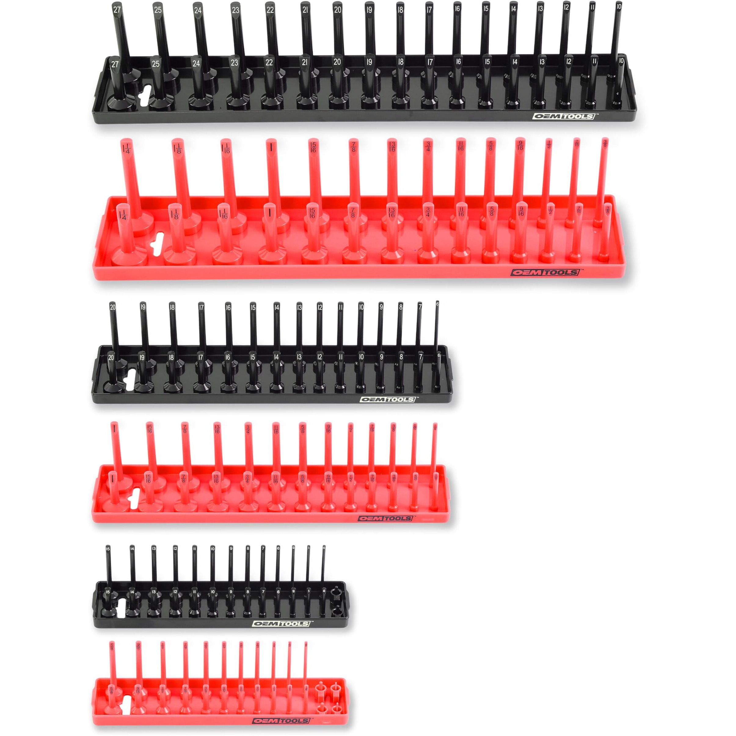 Oemtools 22234 Socket Organizer, 6 Piece Socket Organizers, Sae And Metric, Socket Holders 1/4, 3/8, 1/2 Drive Sockets, Socket Holder For Toolbox, Red And Black