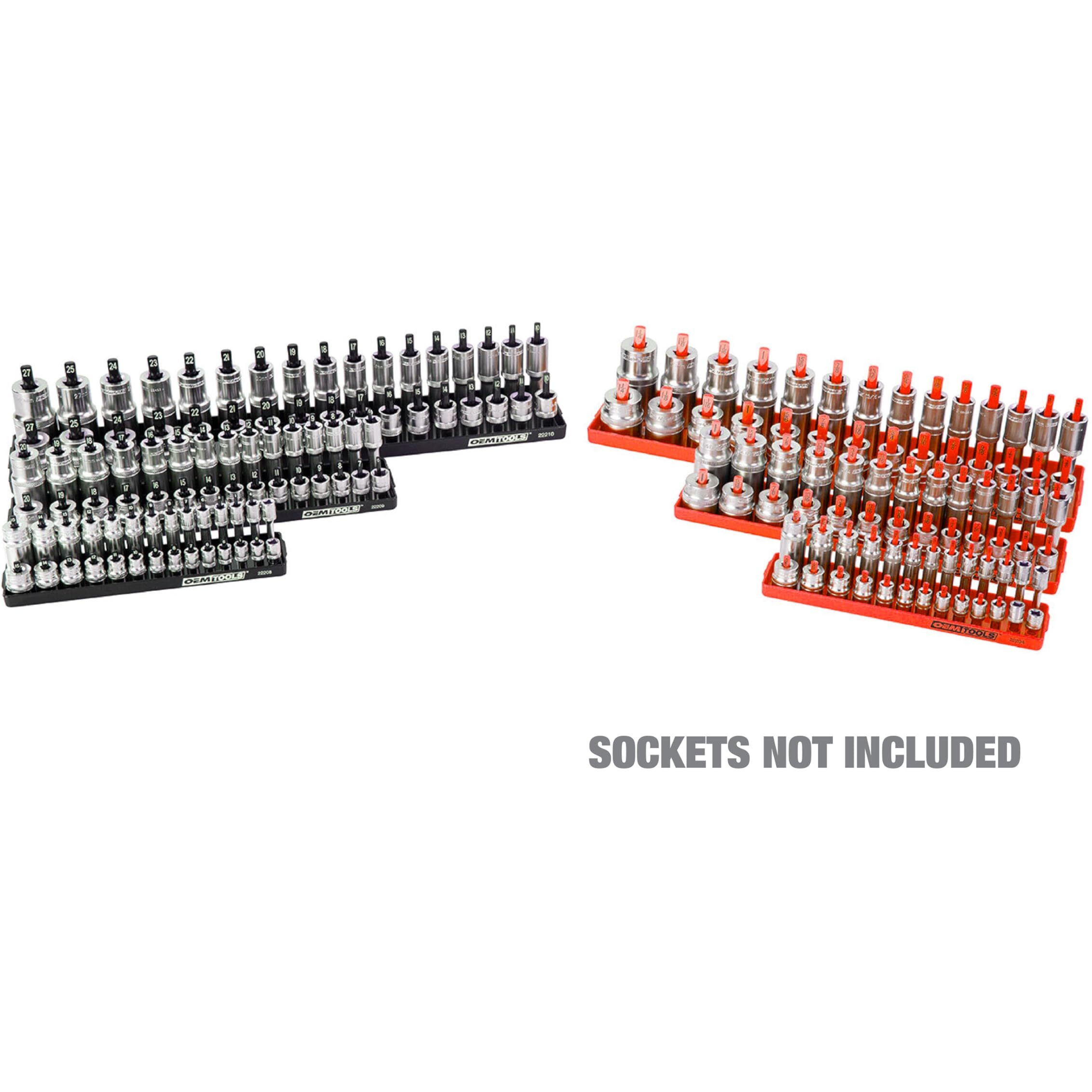 Oemtools 22234 Socket Organizer, 6 Piece Socket Organizers, Sae And Metric, Socket Holders 1/4, 3/8, 1/2 Drive Sockets, Socket Holder For Toolbox, Red And Black