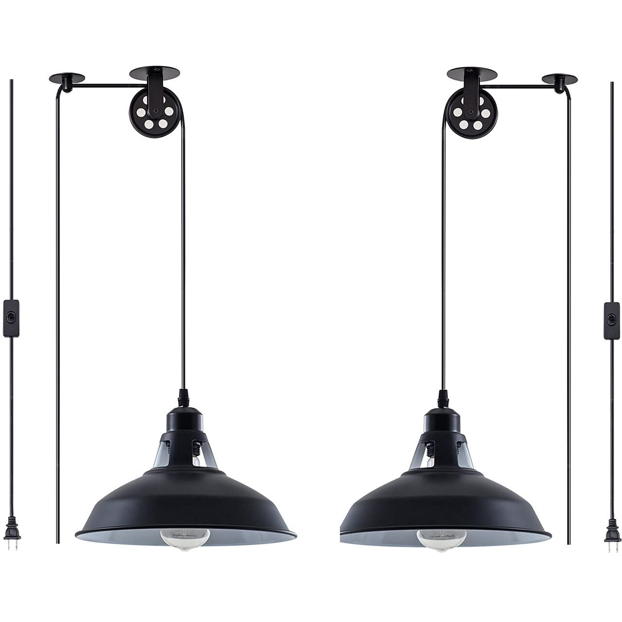 Plug In Pendant Light Industrial Pulley Pendant Lamp E26 Vintage Hanging Light Fixture With 16.4Ft Cord On/Off Switch For Pool Table,Houseplant Grow Lights,Kitchen Island,Sink 2 Pack Black