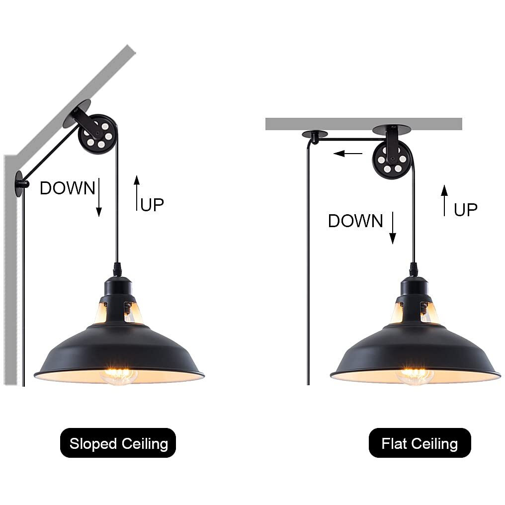 Plug In Pendant Light Industrial Pulley Pendant Lamp E26 Vintage Hanging Light Fixture With 16.4Ft Cord On/Off Switch For Pool Table,Houseplant Grow Lights,Kitchen Island,Sink 2 Pack Black