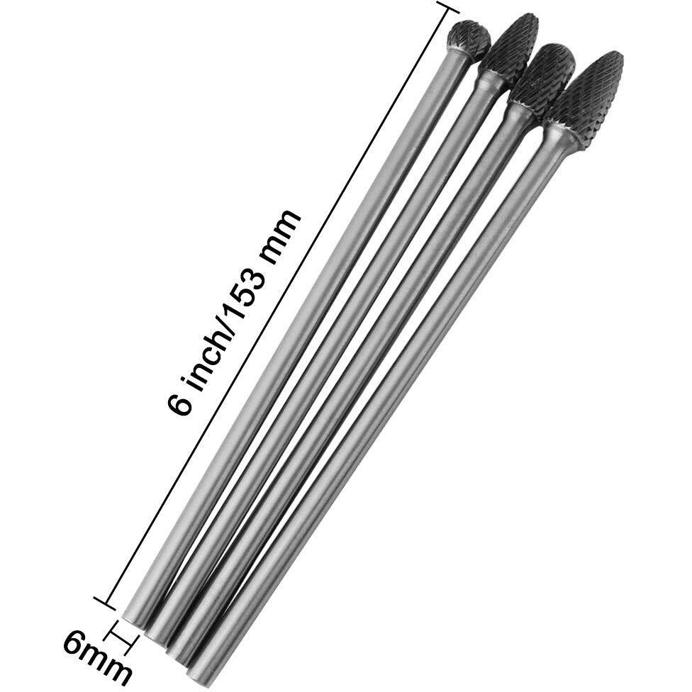 Wolfride 4Pcs Long Shank Tungsten Carbide Burr Set 6Mm Shank Die Grinder Burr Set For Metal 6-Inch Length