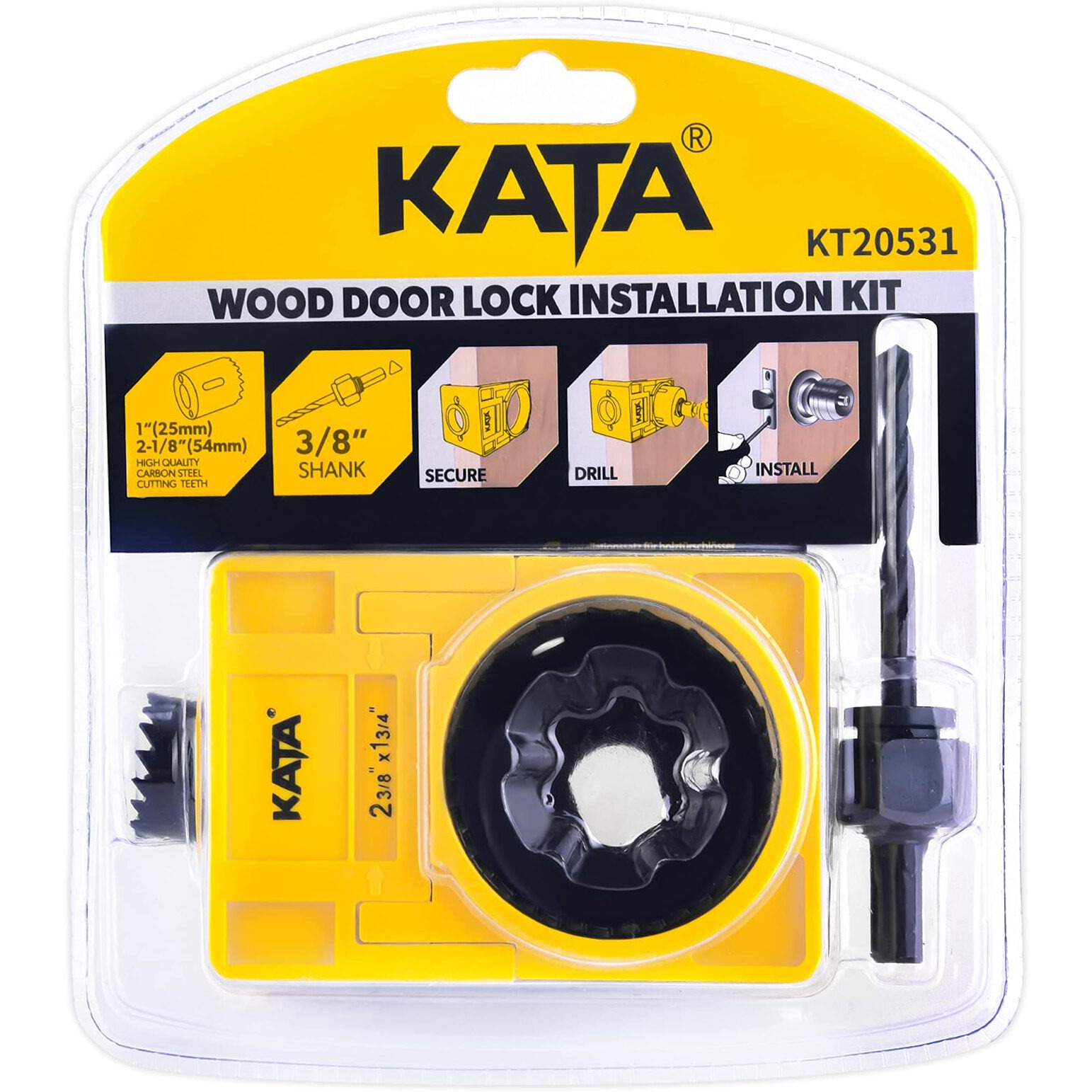 Kata 1-3/8"" - 1-3/4"" Door Lock Installation Kit For Wooden Doors With Guide Template, Door Lock Hole Saw, Carbon Steel