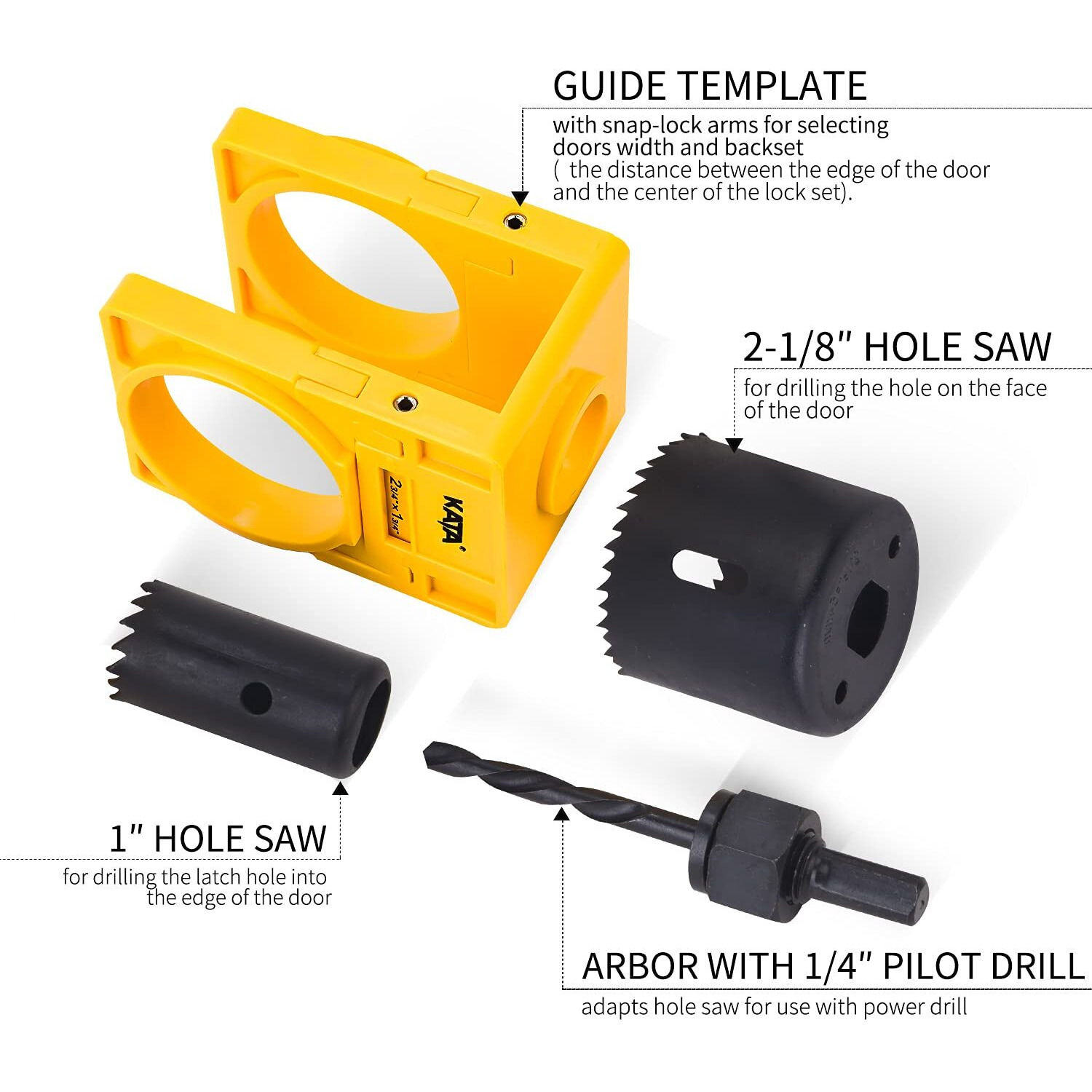 Kata 1-3/8"" - 1-3/4"" Door Lock Installation Kit For Wooden Doors With Guide Template, Door Lock Hole Saw, Carbon Steel