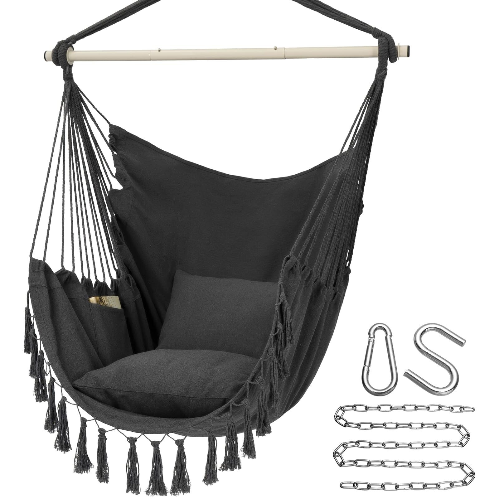 Y- Stop Hammock Chair Hanging Rope Swing, Max 500 Lbs, 2 Cushions Included, Large Macrame Hanging Chair With Pocket, Cotton Weave For Superior Comfort, Durability (Dark Grey)