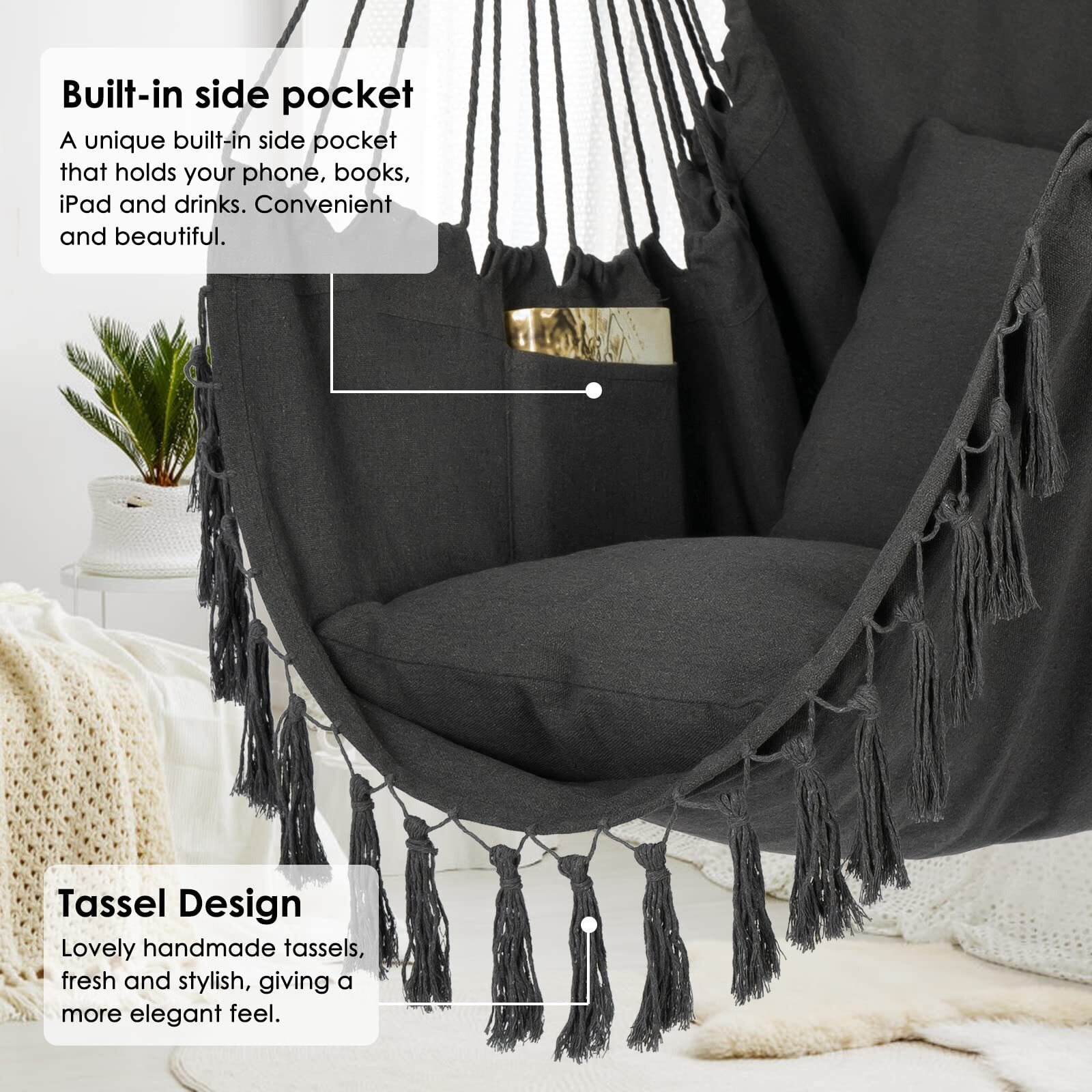 Y- Stop Hammock Chair Hanging Rope Swing, Max 500 Lbs, 2 Cushions Included, Large Macrame Hanging Chair With Pocket, Cotton Weave For Superior Comfort, Durability (Dark Grey)