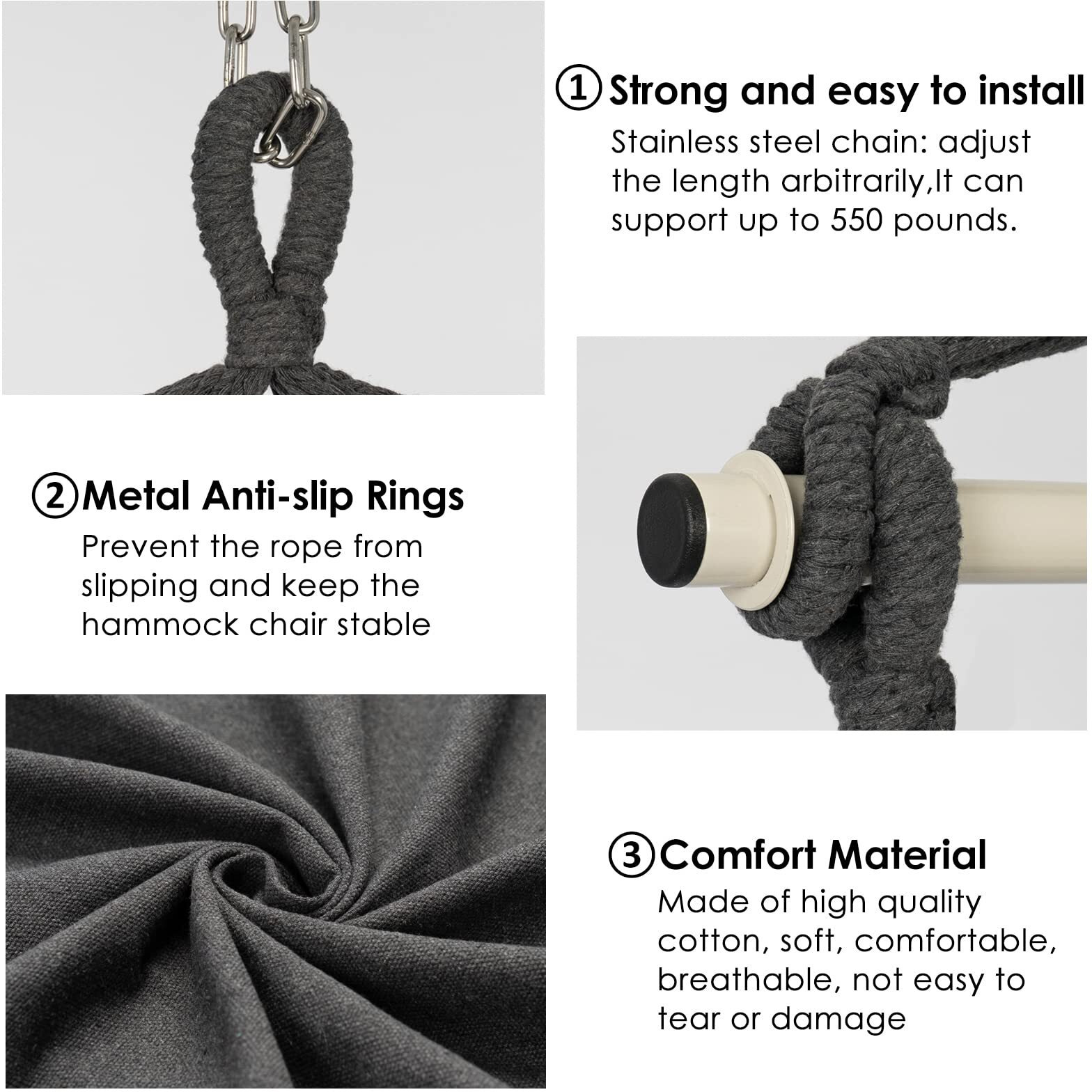 Y- Stop Hammock Chair Hanging Rope Swing, Max 500 Lbs, 2 Cushions Included, Large Macrame Hanging Chair With Pocket, Cotton Weave For Superior Comfort, Durability (Dark Grey)
