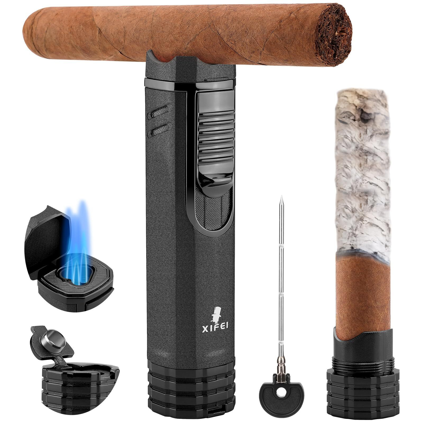 Xifei Cigar Lighter 3-Angled Jet Flames, Cigar Puncher, Cigar Draw Enhancer, Cigar Stand, 4-In-1Refillable Butane Torch Lighter (Sand Black)