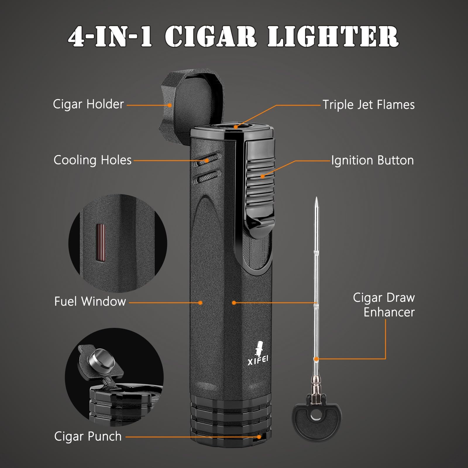 Xifei Cigar Lighter 3-Angled Jet Flames, Cigar Puncher, Cigar Draw Enhancer, Cigar Stand, 4-In-1Refillable Butane Torch Lighter (Sand Black)
