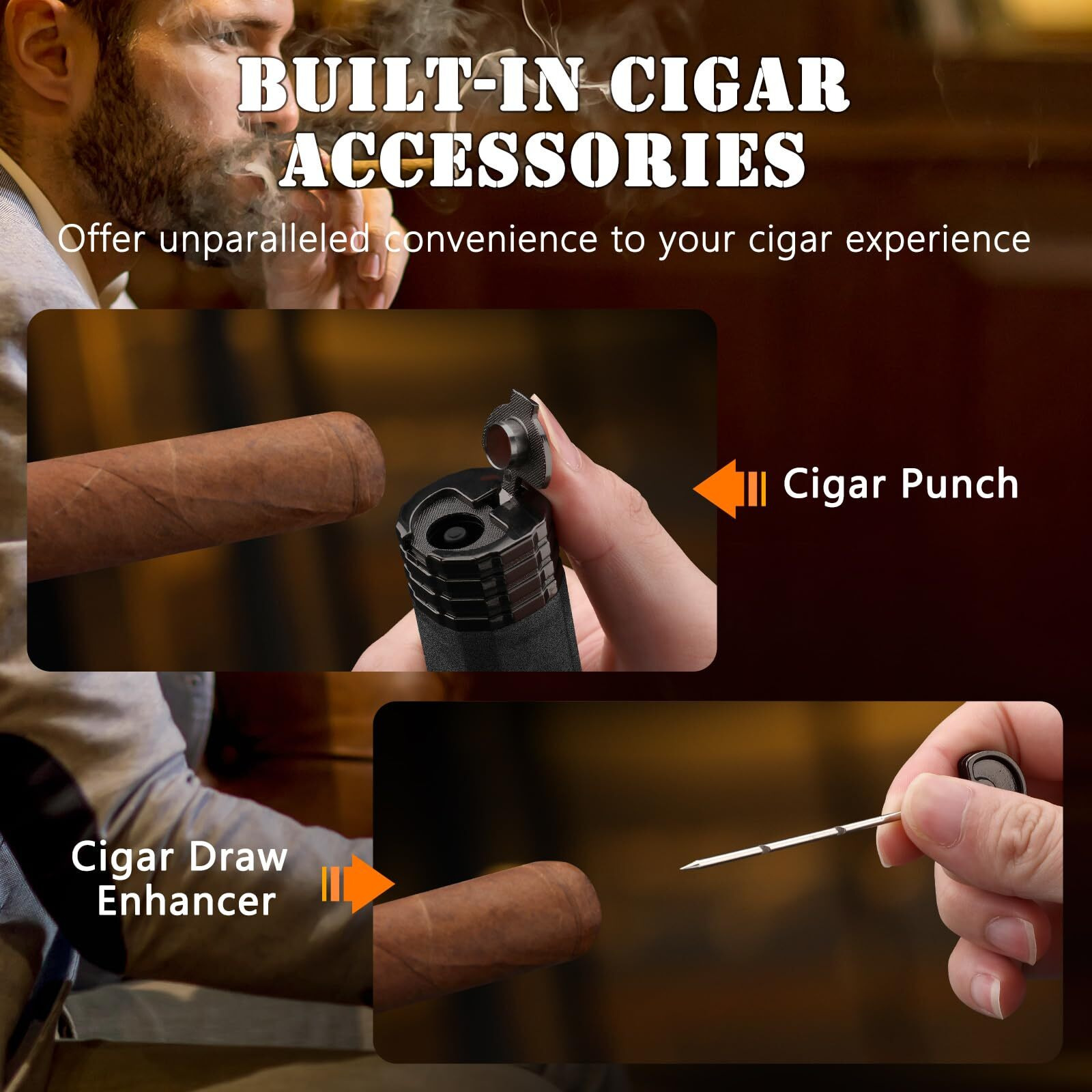 Xifei Cigar Lighter 3-Angled Jet Flames, Cigar Puncher, Cigar Draw Enhancer, Cigar Stand, 4-In-1Refillable Butane Torch Lighter (Sand Black)