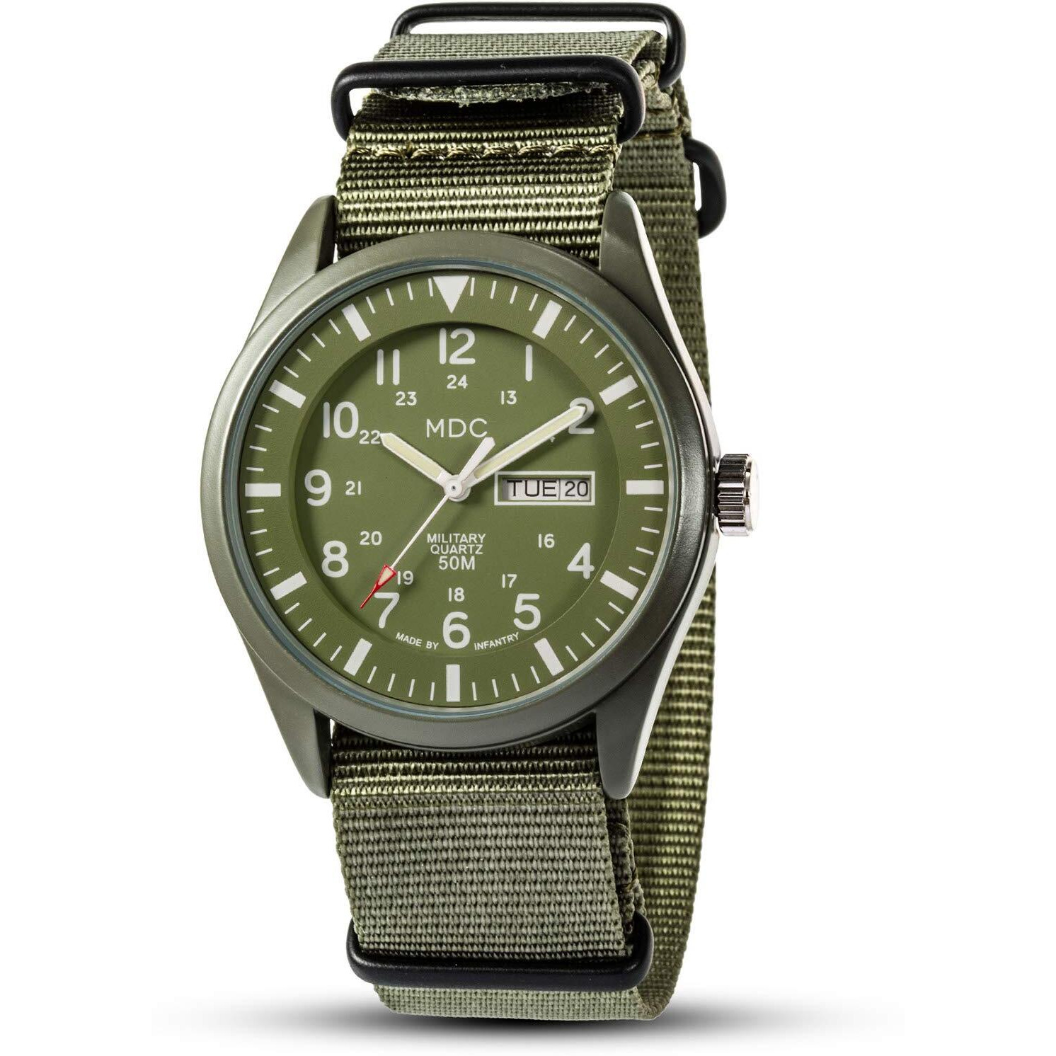 Infantry Military Watches For Men Analog Wrist Watch, Tactical Waterproof Outdoor Sport Mens Quartz Wristwatch, Date Day Work Field Army Green W/Nylon Band By Mdc