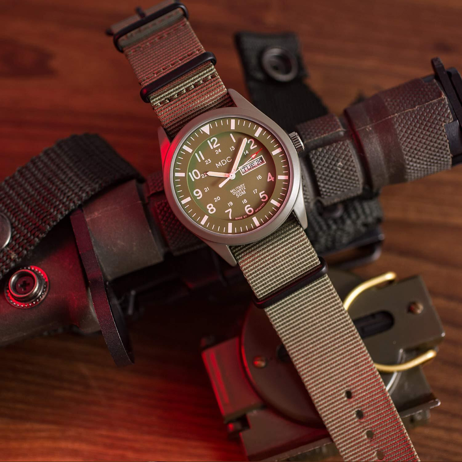 Infantry Military Watches For Men Analog Wrist Watch, Tactical Waterproof Outdoor Sport Mens Quartz Wristwatch, Date Day Work Field Army Green W/Nylon Band By Mdc