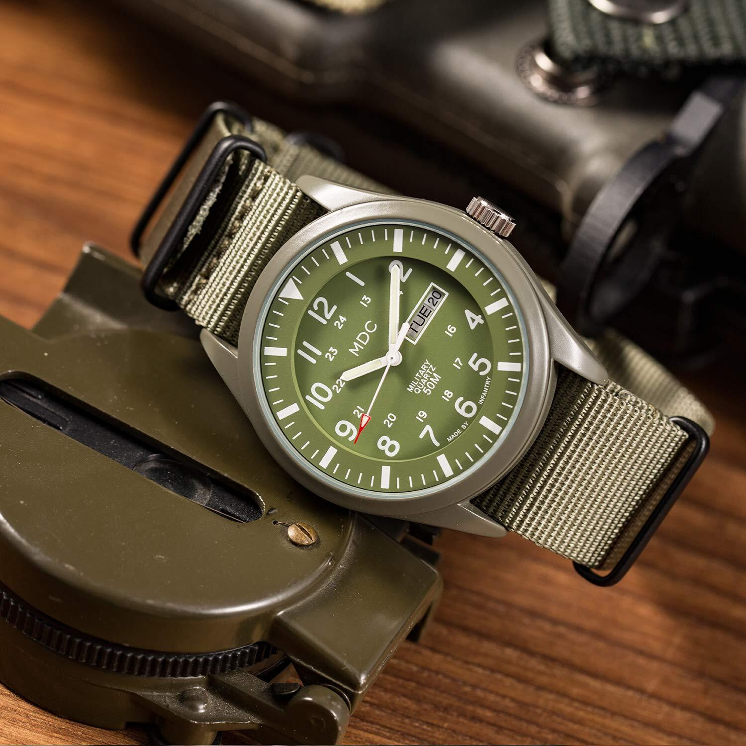 Infantry Military Watches For Men Analog Wrist Watch, Tactical Waterproof Outdoor Sport Mens Quartz Wristwatch, Date Day Work Field Army Green W/Nylon Band By Mdc