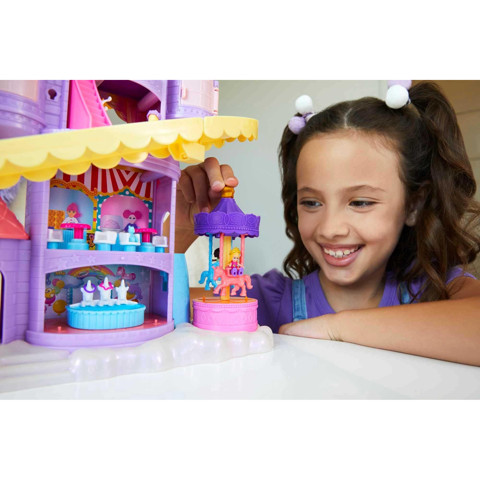 Polly Pocket Rainbow Funland Theme Park, 3 Rides, 7 Play Areas, Polly And Shani Dolls, 2 Unicorns & 25 Surprise Accessories (30 Total Play Pieces), Great Gift For Ages 4 Years Old & Up