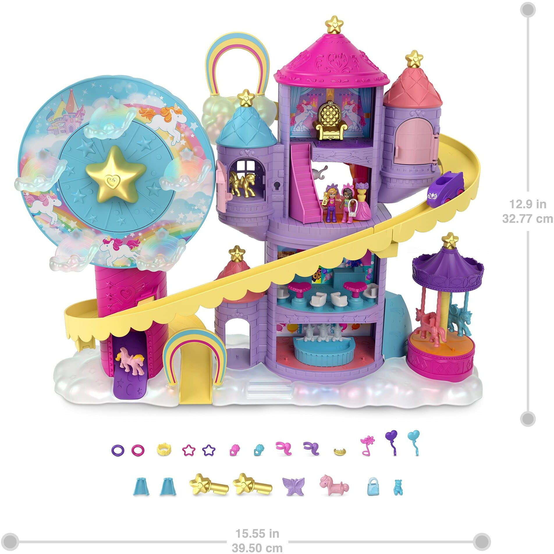 Polly Pocket Rainbow Funland Theme Park, 3 Rides, 7 Play Areas, Polly And Shani Dolls, 2 Unicorns & 25 Surprise Accessories (30 Total Play Pieces), Great Gift For Ages 4 Years Old & Up