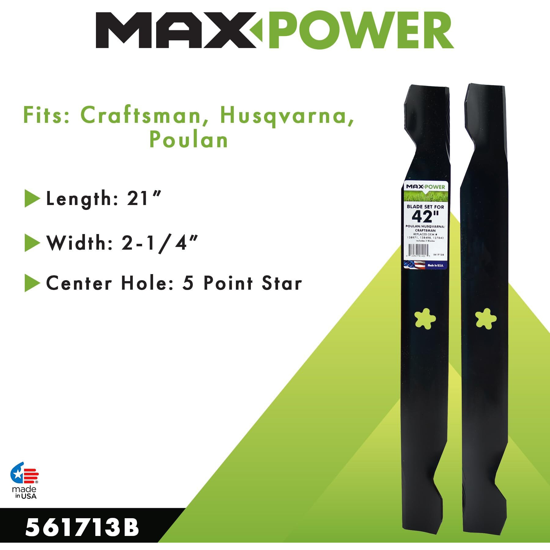 Maxpower 561713B 2-Blade Set For 42"" Cut Poulan/Husqvarna/Craftsman Replaces 138498, 138971, 138971X431, 532138971, 53-21278-43, 53-21384-98, Black
