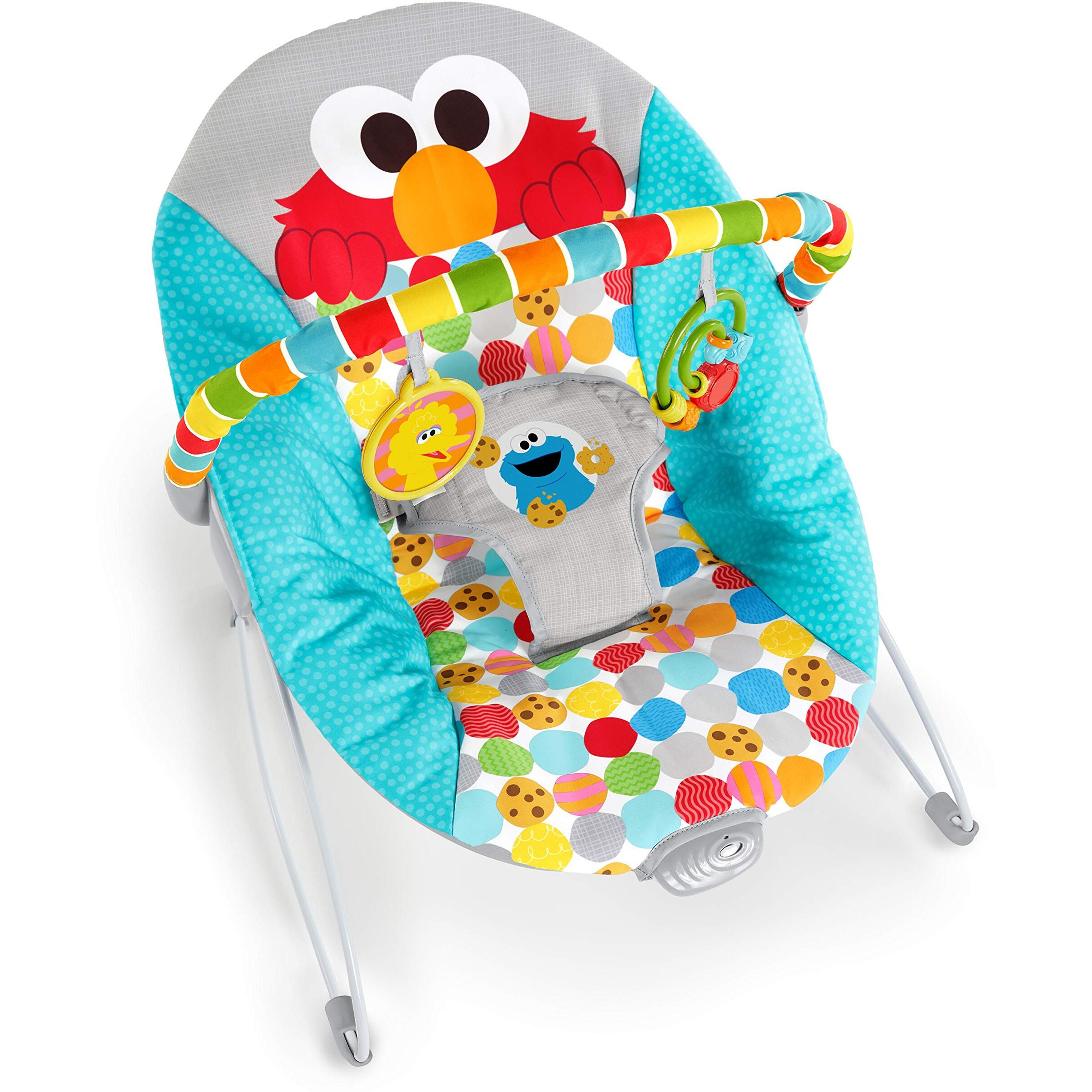 Bright Starts Sesame Street Baby Bouncer Soothing Vibrations Infant Seat - I Spot Elmo With Cookie Monster And Big Bird - Removable-Toy Bar, 0-6 Months Up To 20 Lbs