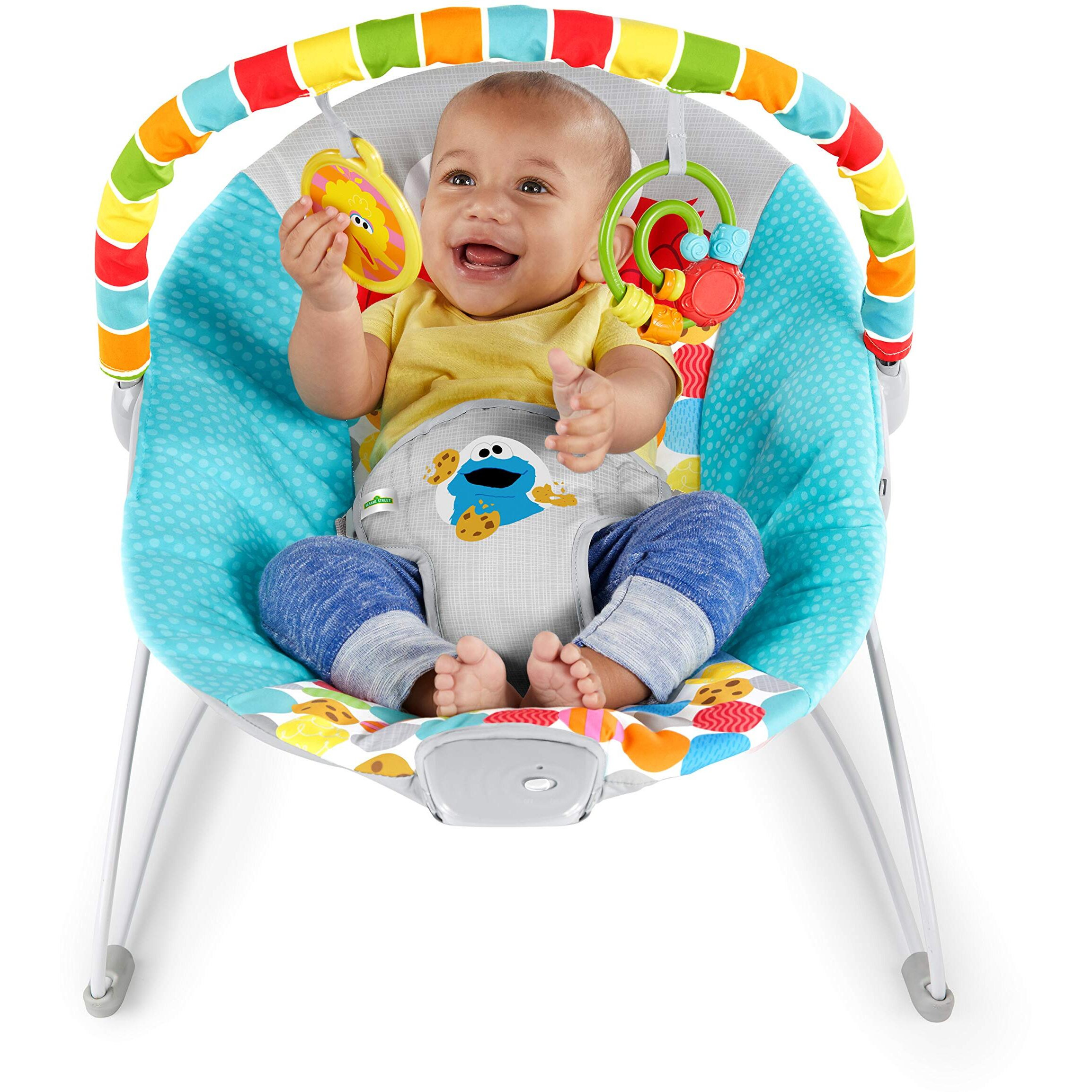 Bright Starts Sesame Street Baby Bouncer Soothing Vibrations Infant Seat - I Spot Elmo With Cookie Monster And Big Bird - Removable-Toy Bar, 0-6 Months Up To 20 Lbs