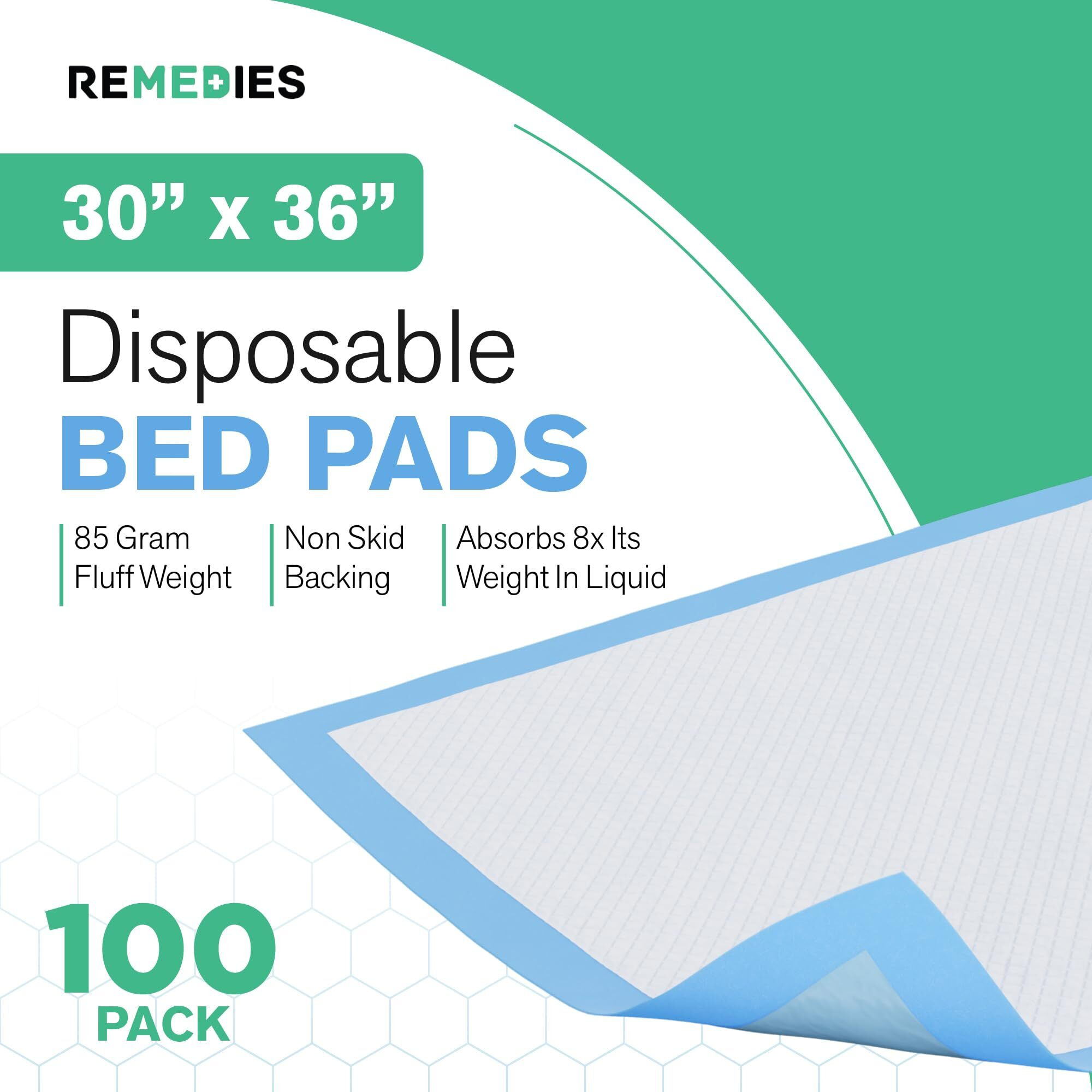 Remedies - Disposable Bed Pads 30"" X 36"" - 100 Count - Large Bed Pads For Incontinence - Seniors, Adults & Kids Chucks Pads - Adult Absorbent Incontinence Disposable Underpads For Beds & Furniture