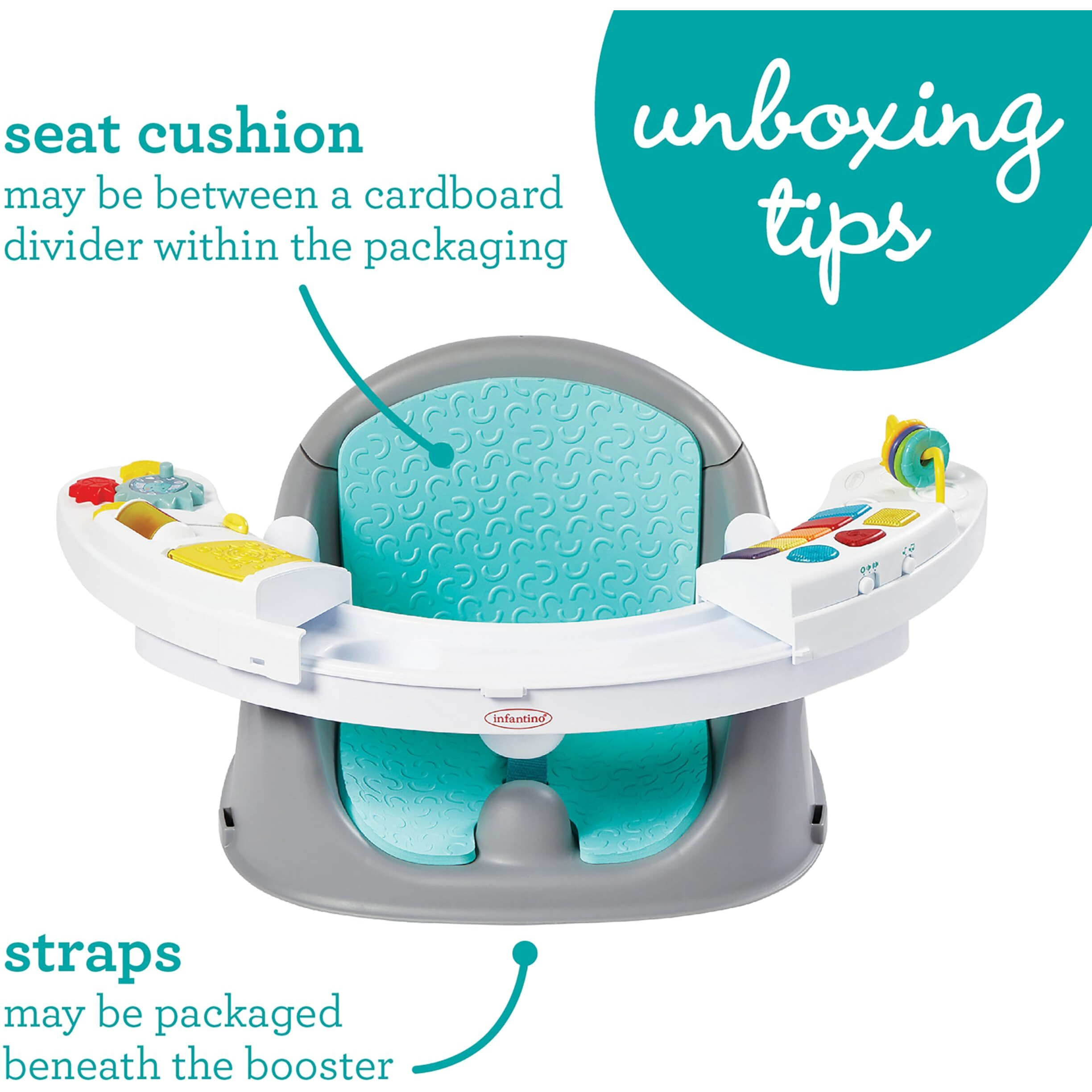 Infantino Music & Lights 3-In-1 Discovery Seat And Booster - Convertible, Infant Activity And Feeding Seat With Electronic Piano For Sensory Exploration, For Babies And Toddlers, Teal