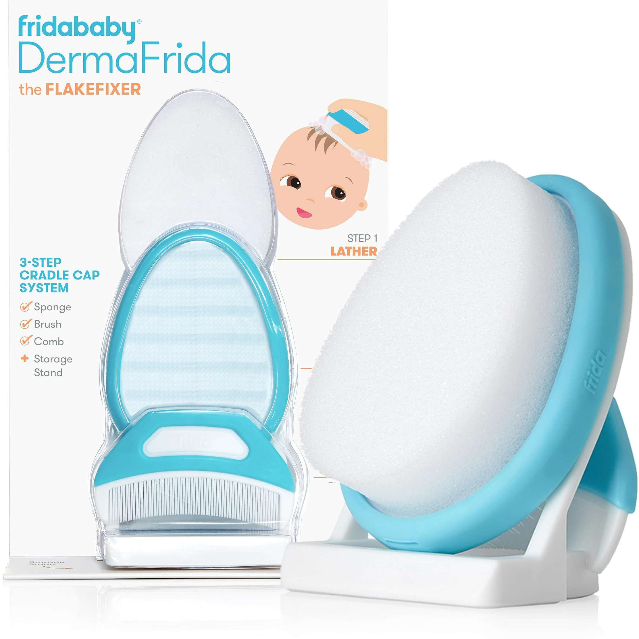 Frida Baby The 3-Step Cradle Cap System, Dermafrida The Flakefixer, Sponge, Brush, Comb And Storage Stand For Babies With Cradle Cap, White-Blue