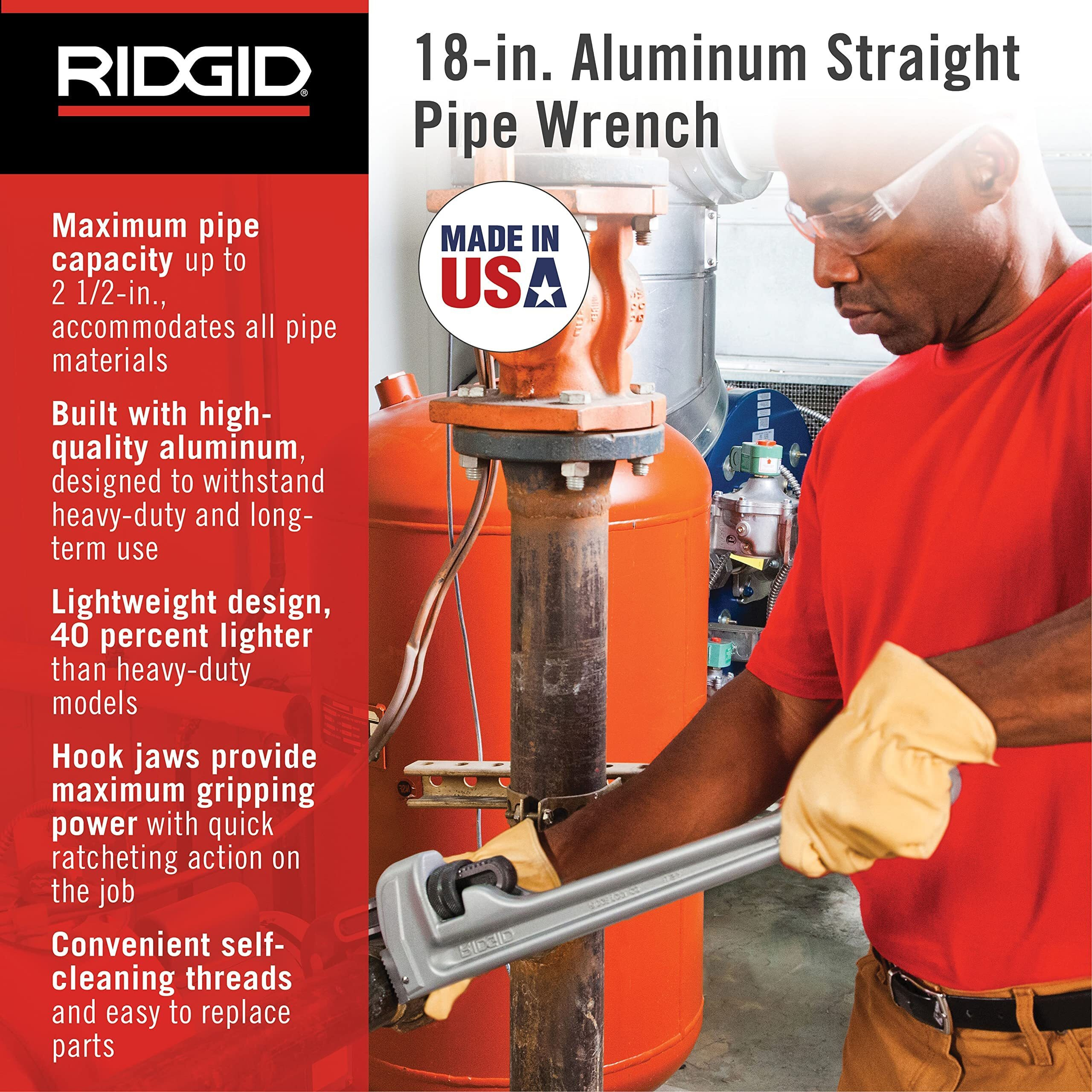 Ridgid 31100 Model 818 Aluminum Straight Pipe Wrench, 18-Inch Plumbing Wrench