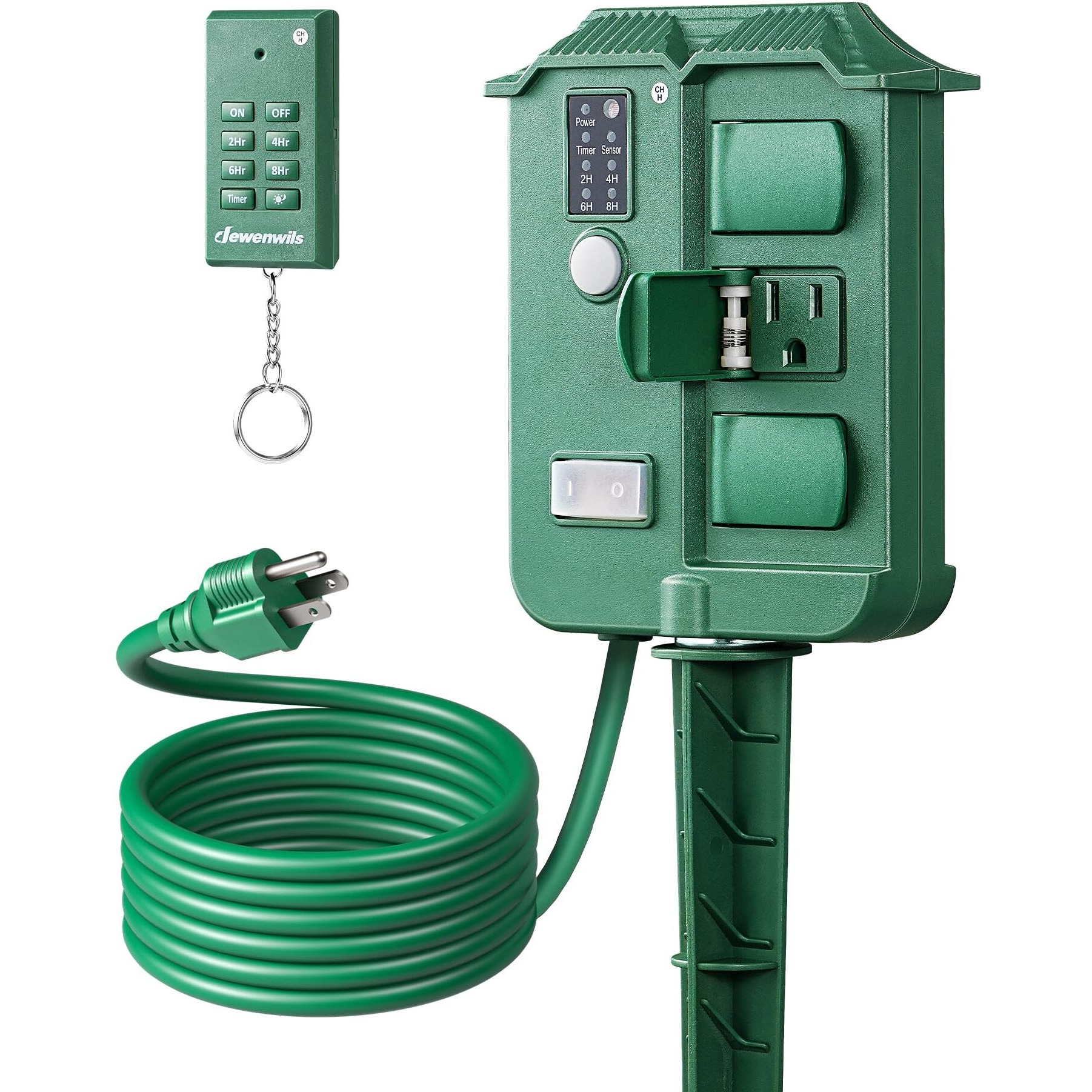 Dewenwils Outdoor Power Stake Timer Waterproof, 100Ft Wireless Remote Control, 6 Grounded Outlets, 6Ft Extension Cord, Photocell Dusk To Dawn For Halloween/Christmas Decor Lights, Garden, Ul Listed