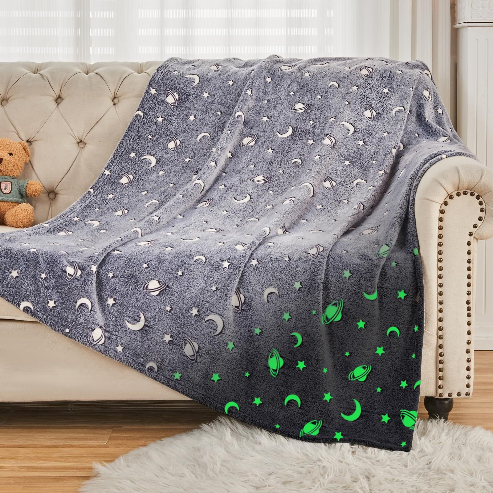 Sochow Glow In The Dark Throw Blanket 50 X 60 Inches, Galaxy Stars Pattern Soft Cozy Flannel Fleece Blanket For Sons Daughters, All Seasons Grey Presents Blanket For Preteens Teens