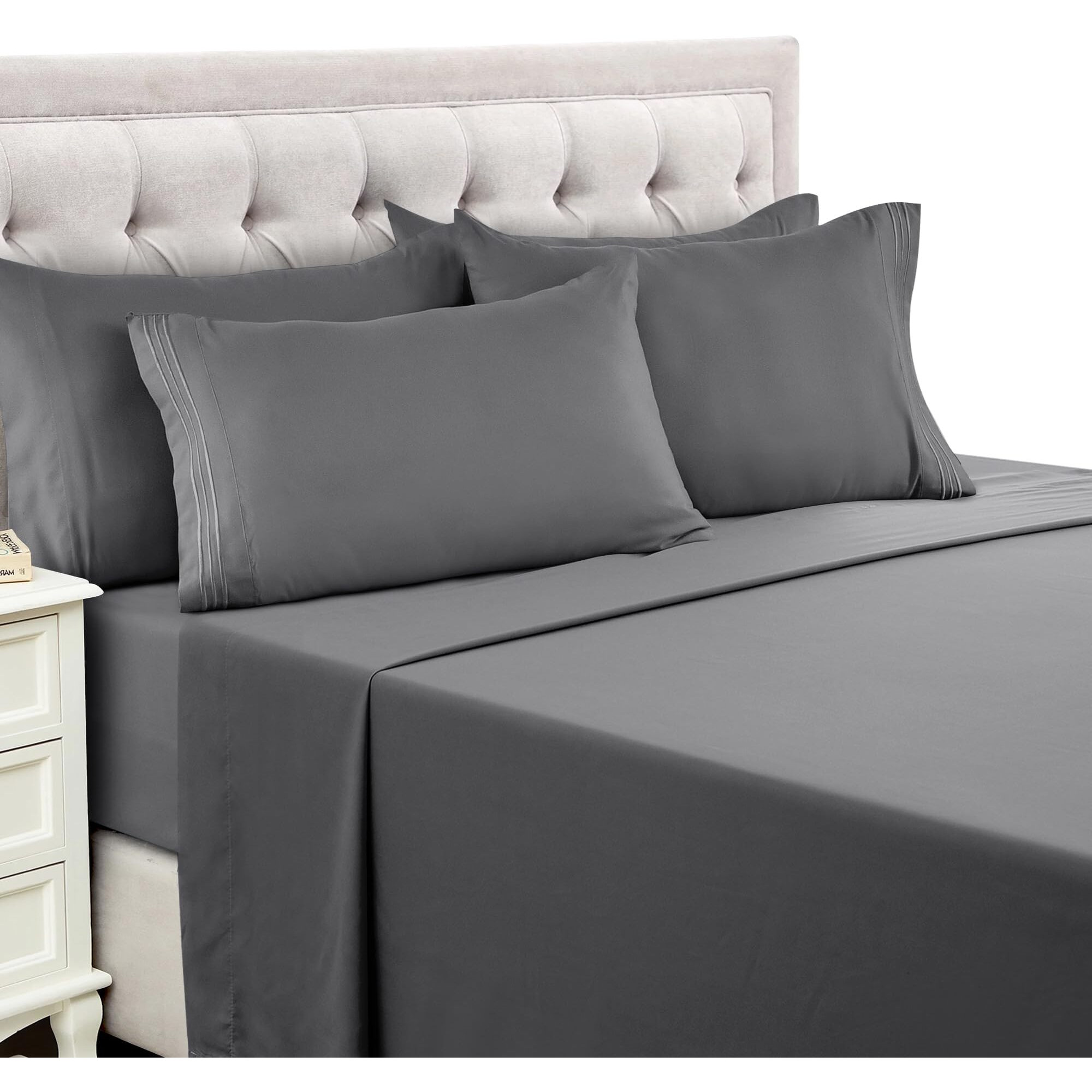 Lux Decor Queen Sheet Set - 6 Pc Brushed Microfiber Bed Sheets 16 Inches Deep Pockets - Embroidered & Plain Pillowcases - Hotel Luxury Sheets Queen Size Bed Set - Soft Bedding Sheets (Dark Grey)