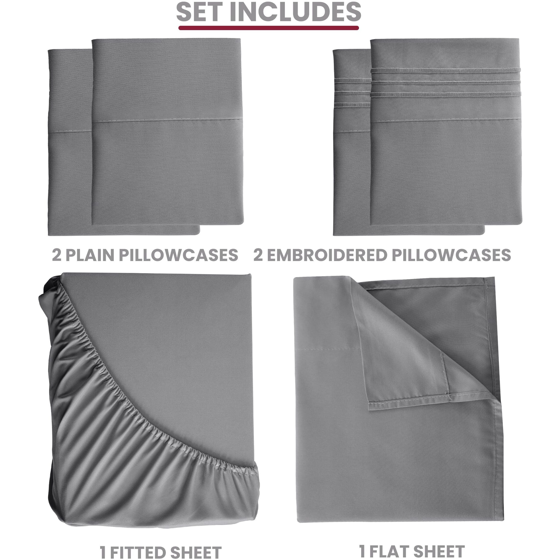 Lux Decor Queen Sheet Set - 6 Pc Brushed Microfiber Bed Sheets 16 Inches Deep Pockets - Embroidered & Plain Pillowcases - Hotel Luxury Sheets Queen Size Bed Set - Soft Bedding Sheets (Dark Grey)