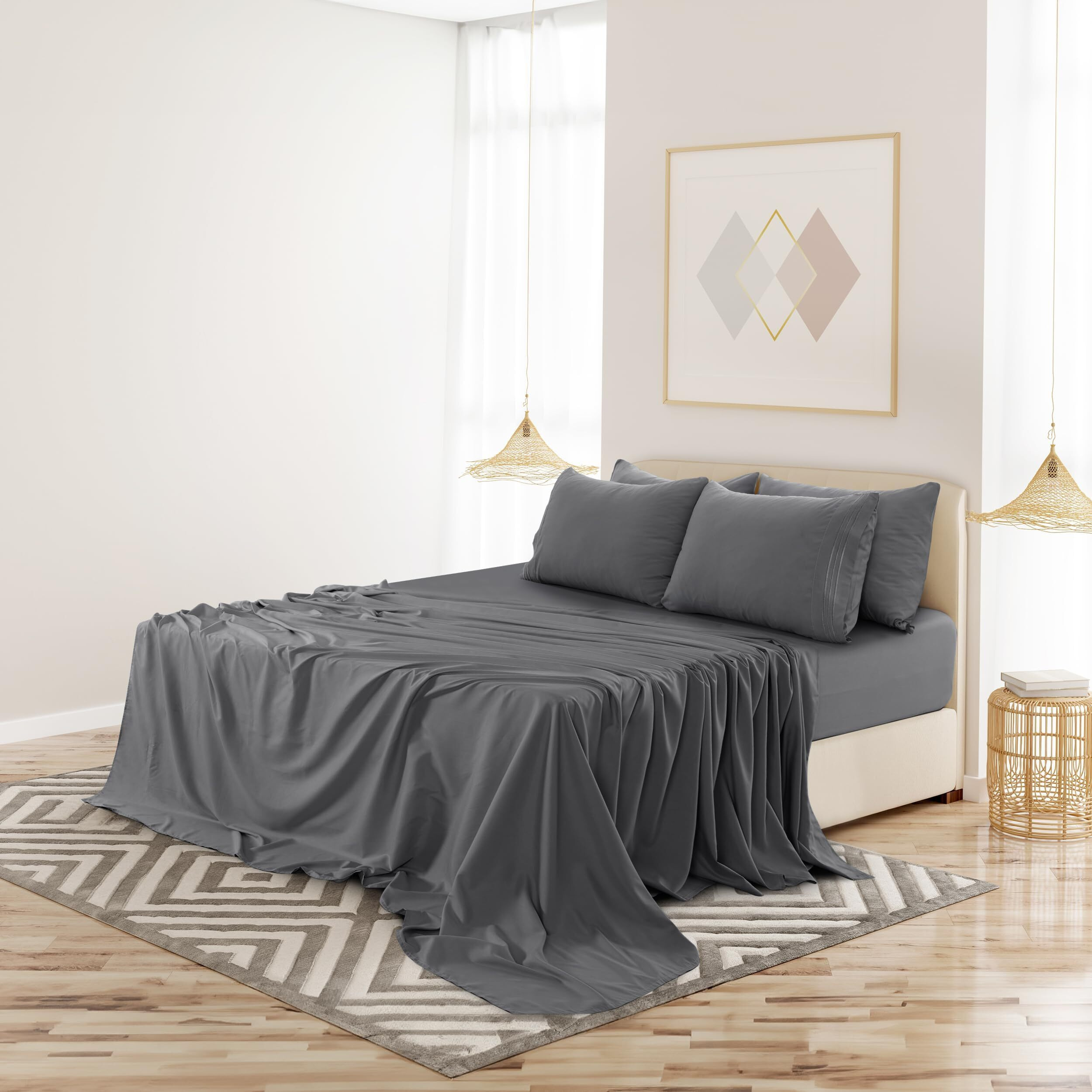 Lux Decor Queen Sheet Set - 6 Pc Brushed Microfiber Bed Sheets 16 Inches Deep Pockets - Embroidered & Plain Pillowcases - Hotel Luxury Sheets Queen Size Bed Set - Soft Bedding Sheets (Dark Grey)
