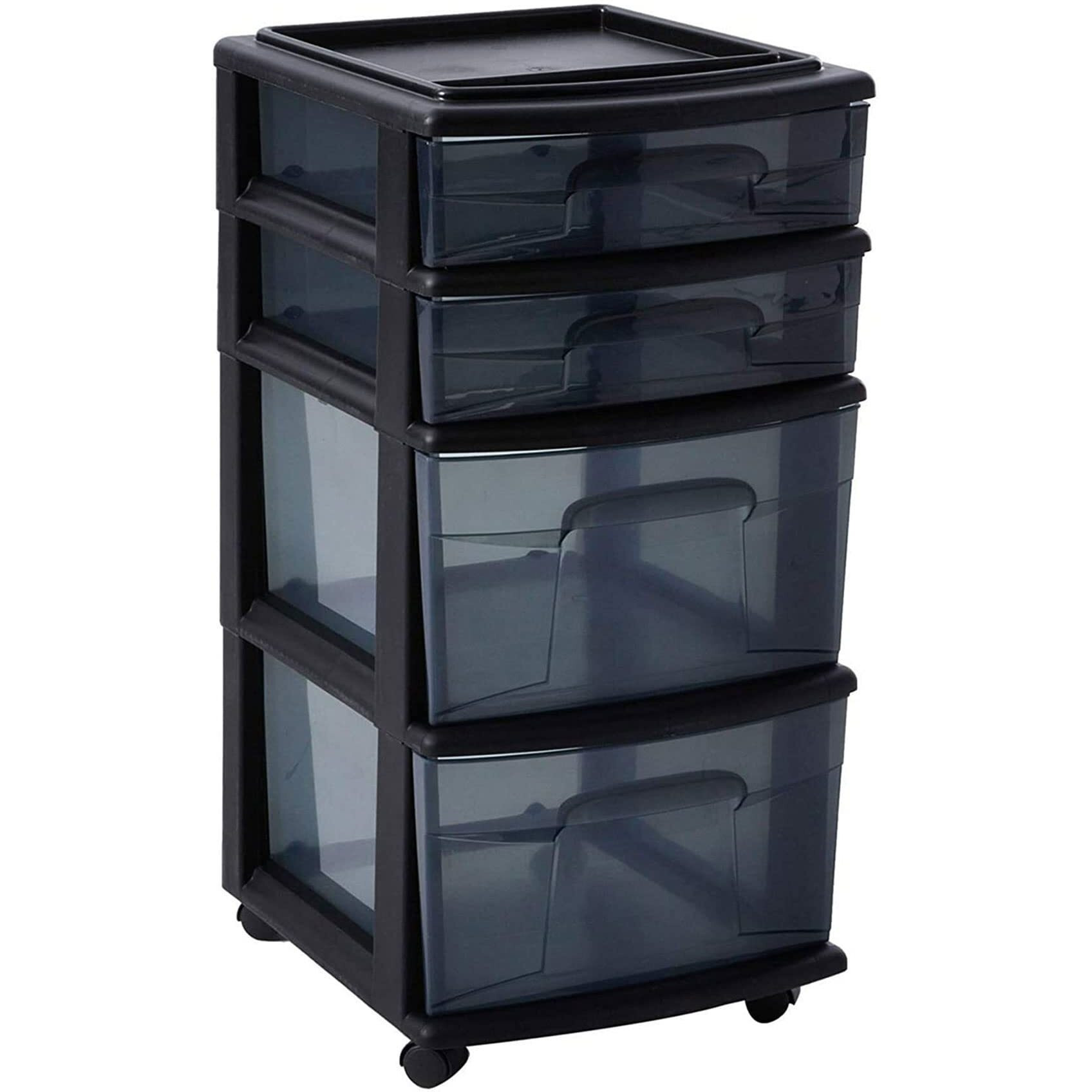Homz 4-Drawer Plastic Storage Cart, Home & Office Rolling Organizer, Black-Clear