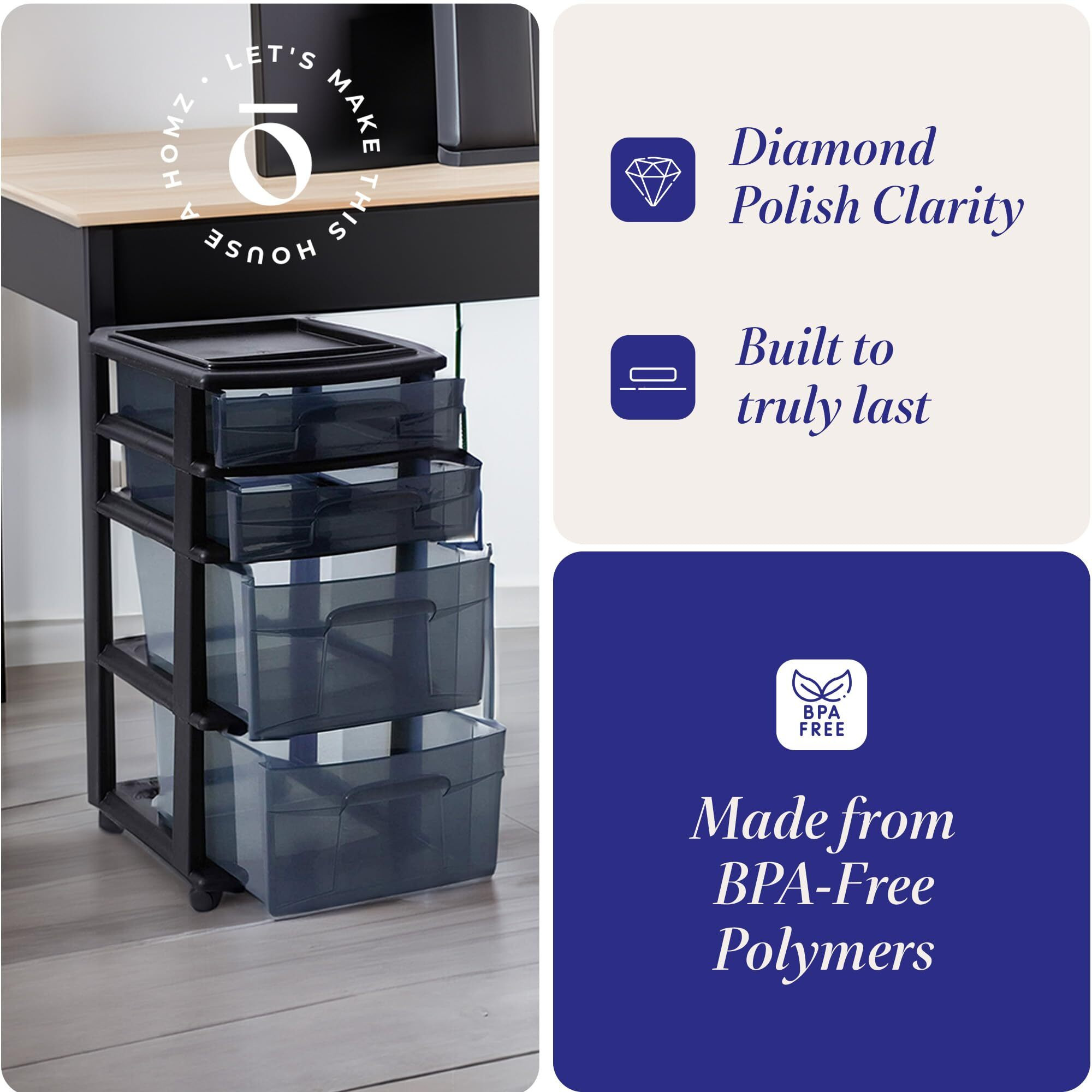Homz 4-Drawer Plastic Storage Cart, Home & Office Rolling Organizer, Black-Clear