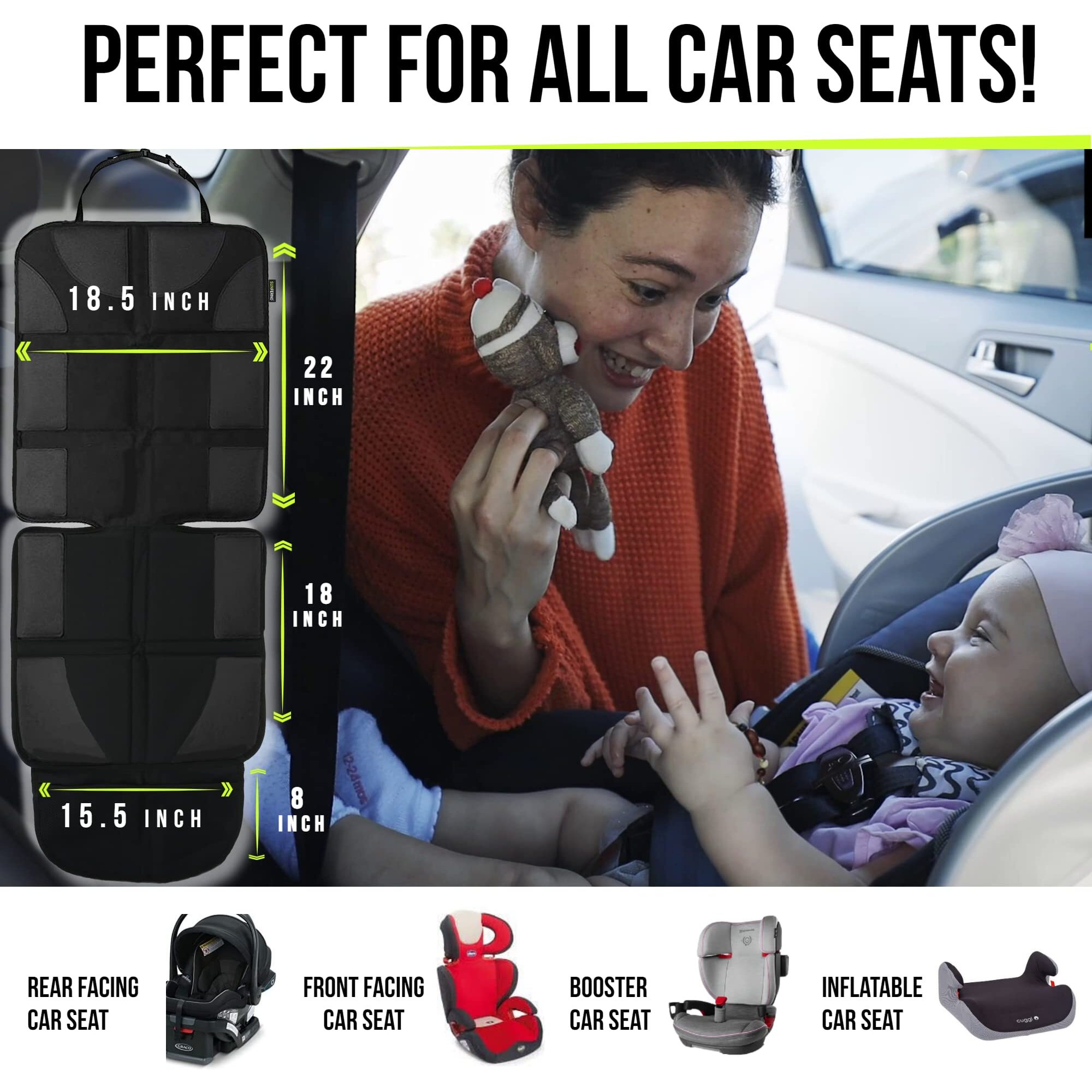Sunferno Baby Car Seat Protector For Child Car Seat - Water Resistant Mesh Pockets Carseat Seat Protector For Under Car Seat - Car Seat Protector For Leather Seats - Seat Cover Pad For Dogs