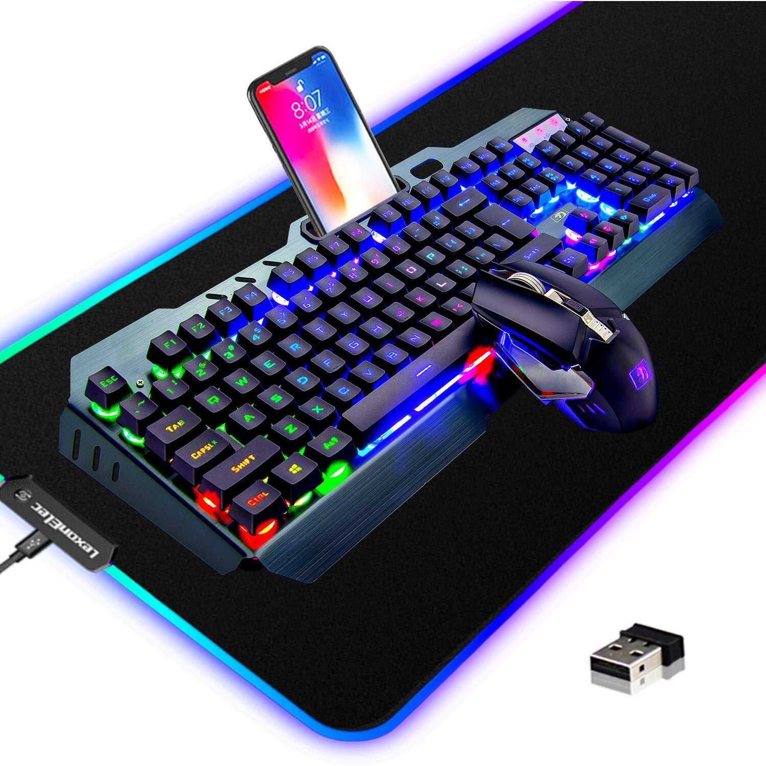 Wireless Gaming Keyboard And Mouse Combo,3 In 1 Rainbow Led Rechargeable Keyboard Mouse With 3800Mah Battery Metal Panel,10 Colors Rgb Gaming Mouse Pad (32.5X12X0.15 Inch),7 Colors Mute Gaming Mouse