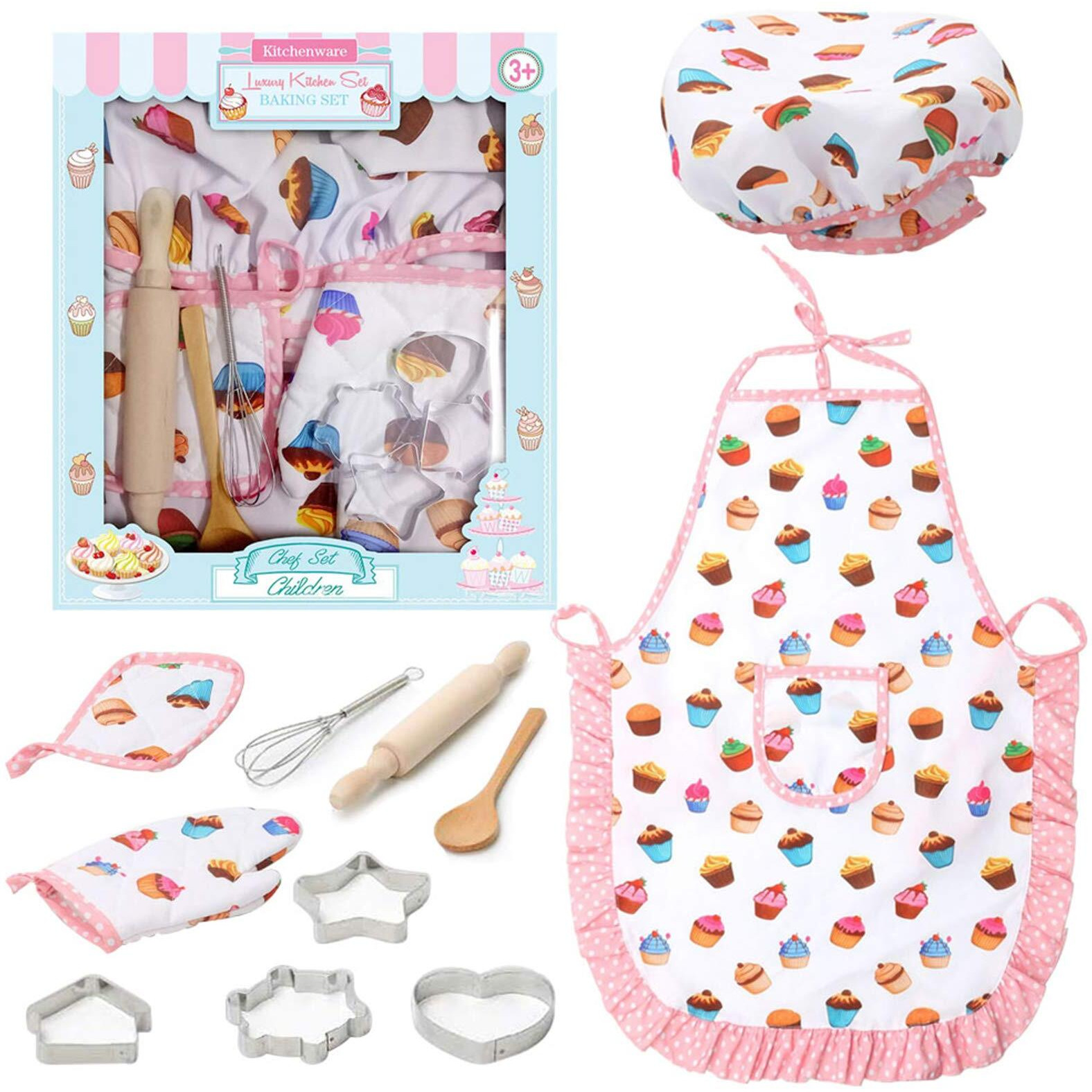 3 Otters 11Pcs Kids Cooking And Baking Chef Set, Halloween Toddler Dress Up & Pretend Play Dress Up Clothes For Kids Ages 3-12, Kitchen Toys With Kids Aprons For Girls, Complete Cooking Sets