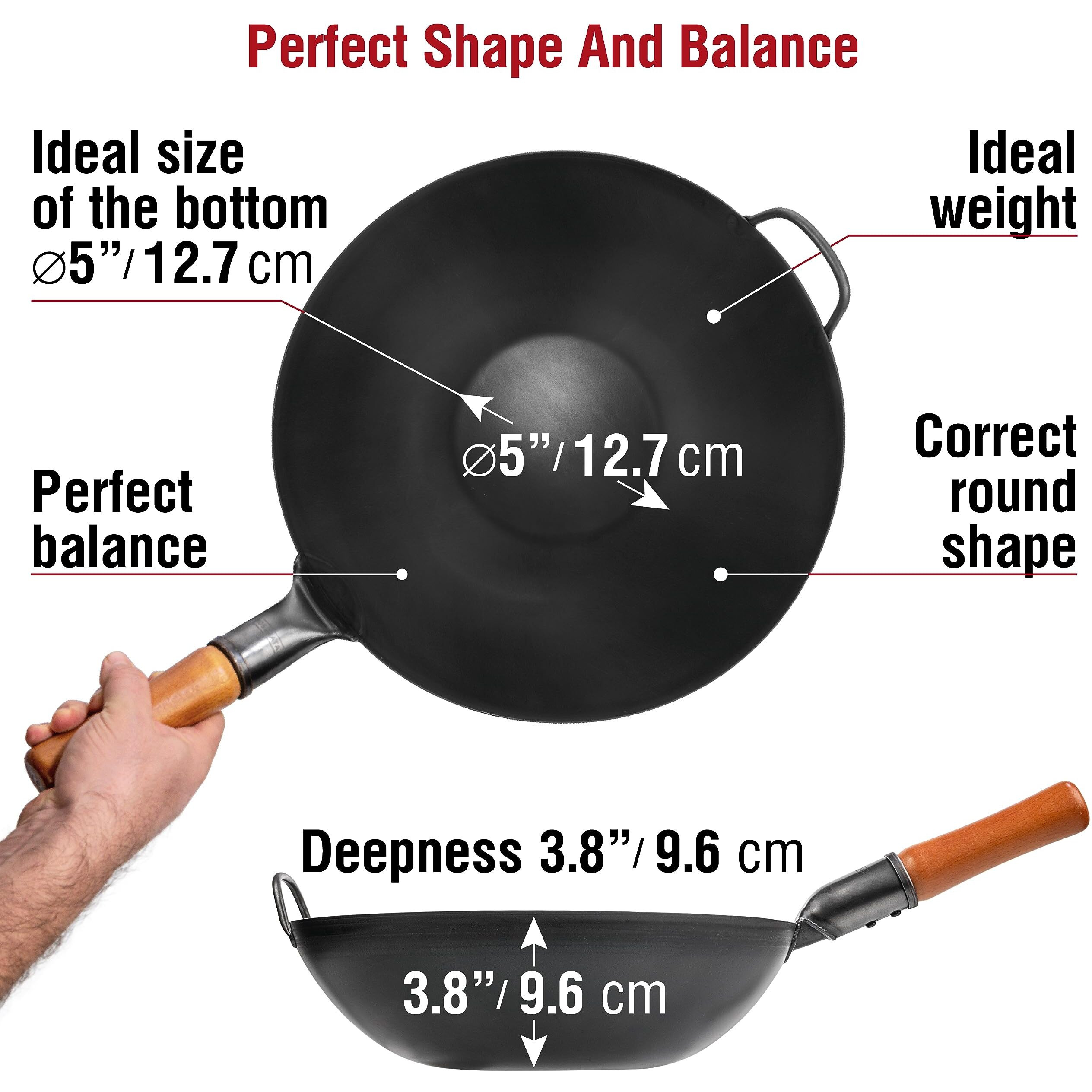Yosukata Carbon Steel Wok Pan - 13,5  Stir Fry Pans - Chinese Wok With Flat Bottom Pow Wok - Traditional Japanese Woks - Black Carbon Steel