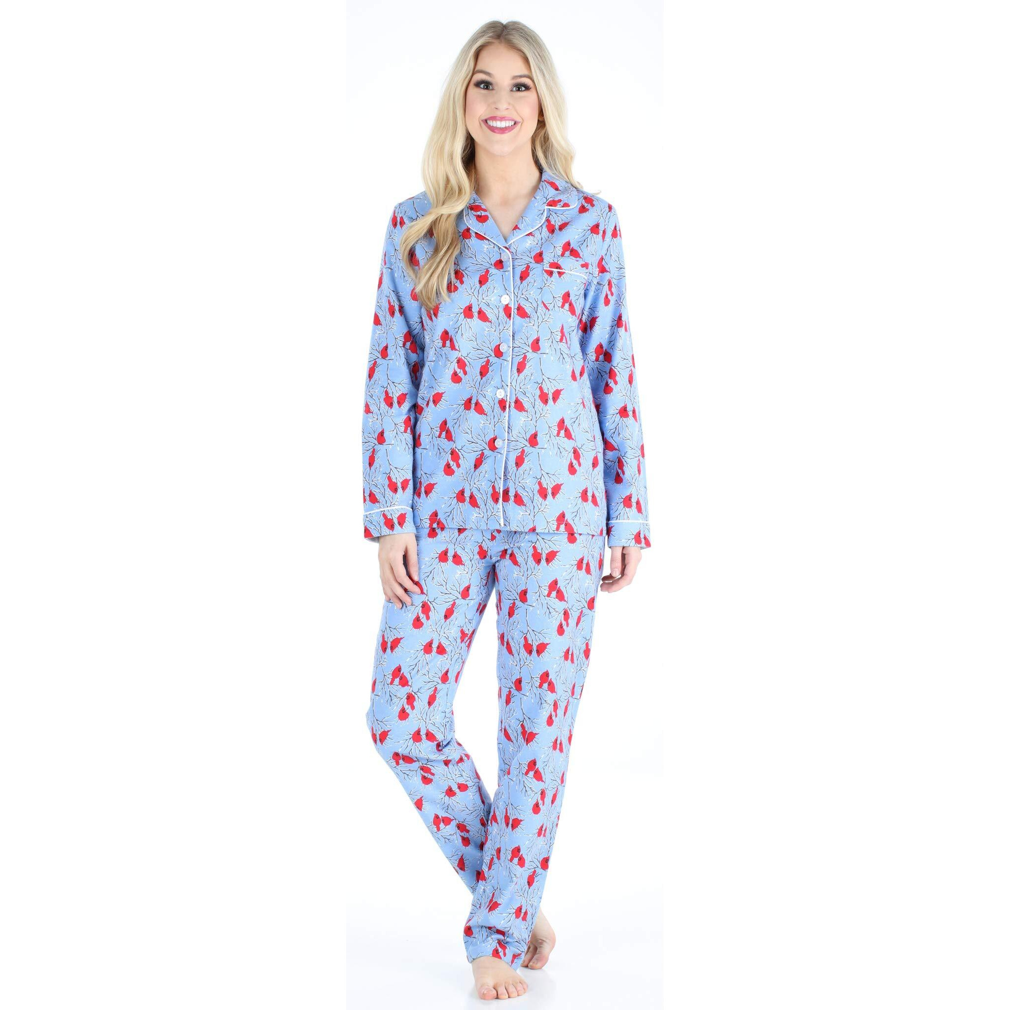 Pajamamania Women's Cotton Flannel Long Sleeve Button-Down Pajamas Pj Set, Cardinal, Small