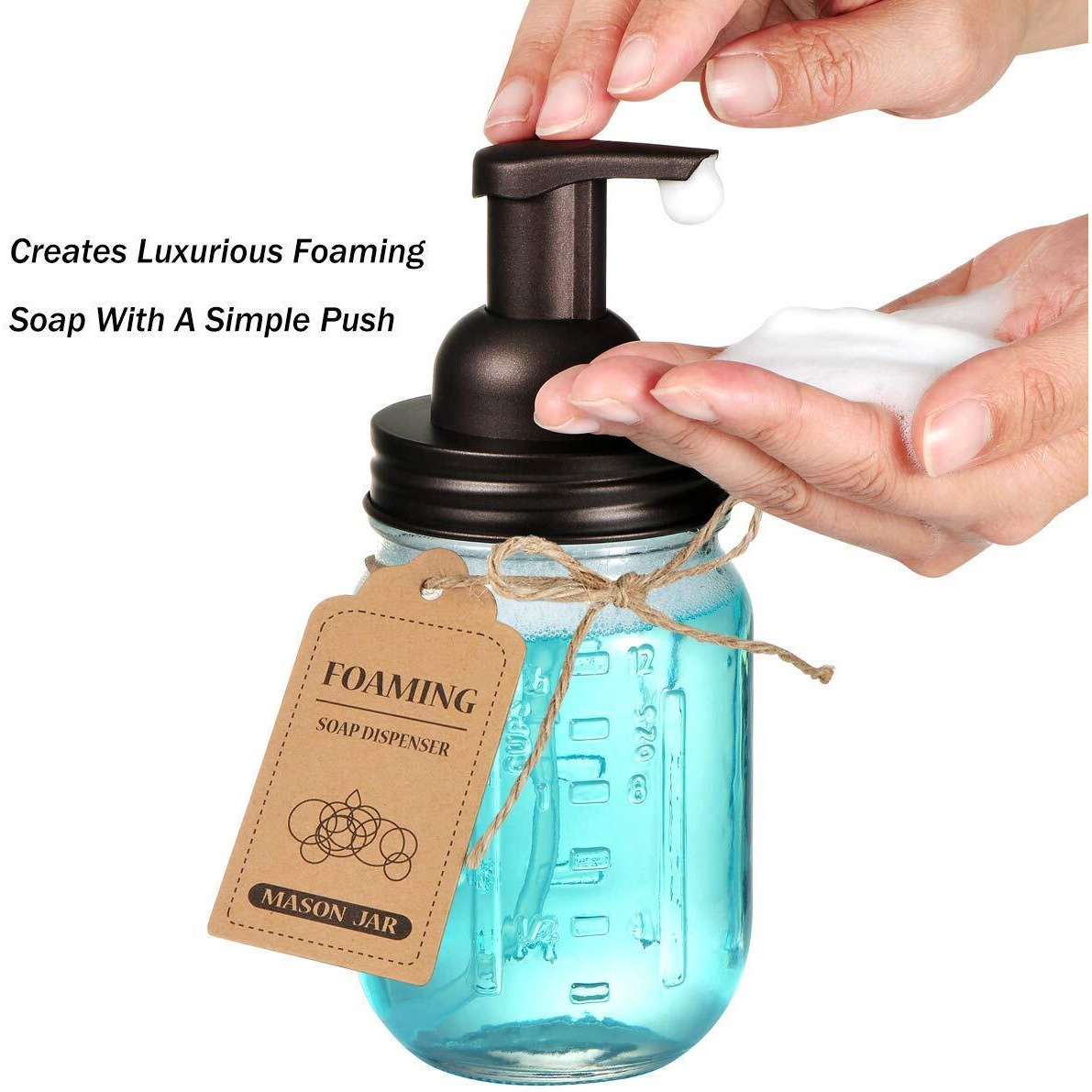Amolliar Mason Jar Foaming Soap Dispenser Lids, Plastic Pump Rustproof Stainless Steel Lid, Refillable Hand Soap, Kitchen Rustic Farmhouse Decor, Bathroom Accessories, Waterproof Labels, Bronze 2 Pack