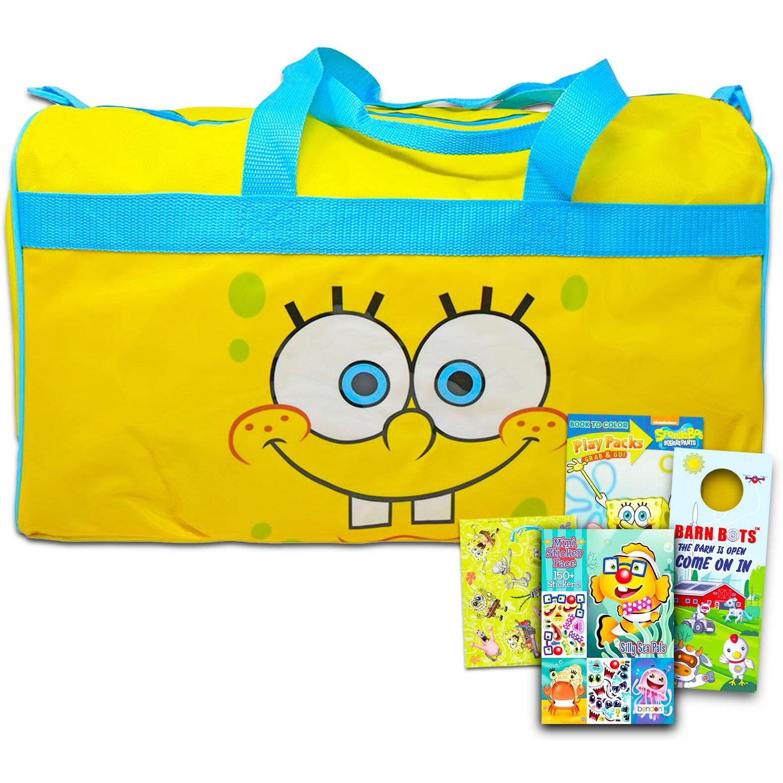 Viacom Spongebob Duffle Bag Set For Kids - 4 Pc Bundle With Spongebob Luggage Carry On Suitcase Bag, Spongebob Coloring Book, Stickers, And More (Spongebob Travel Activity Set)