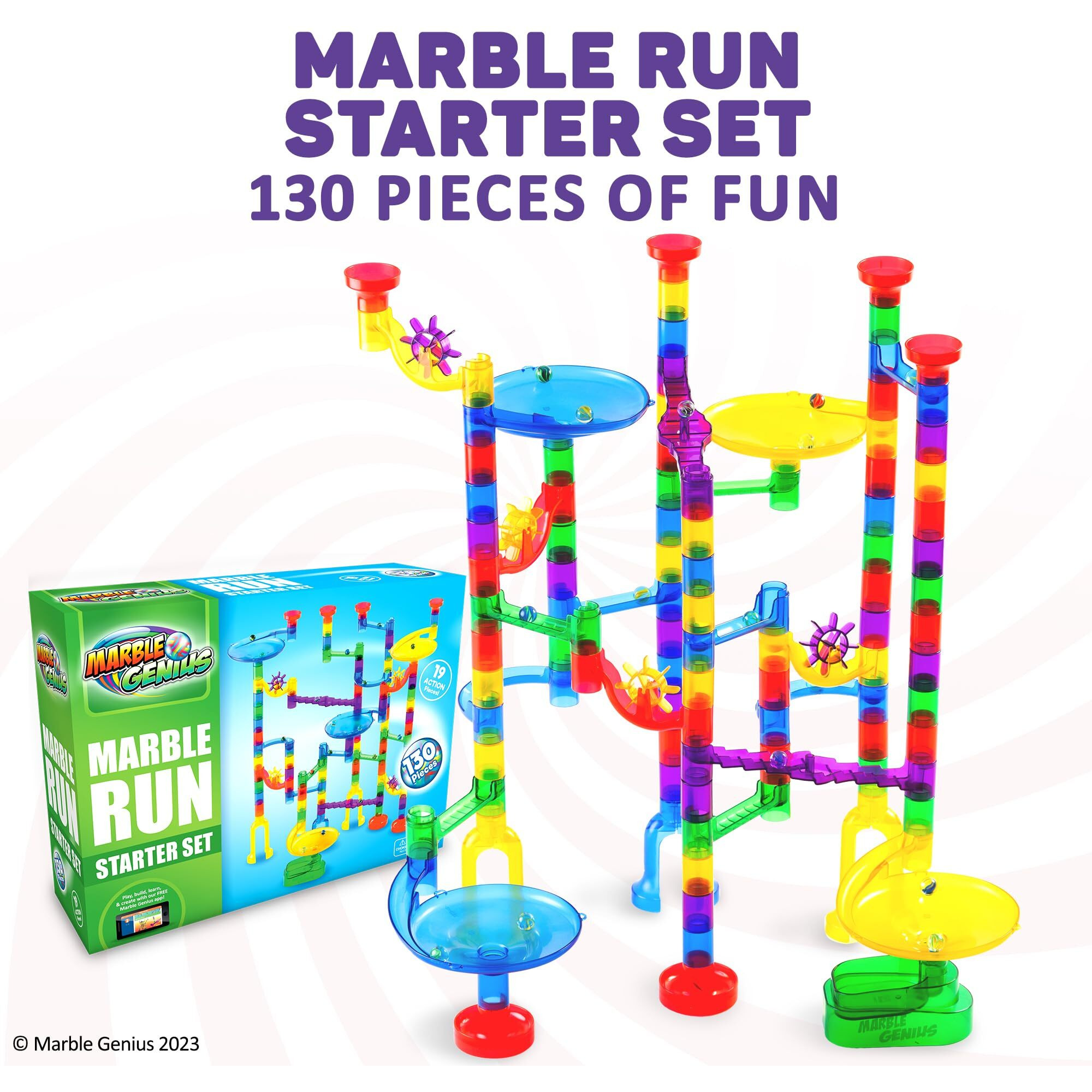 Marble Genius Marble Run - 130 Complete Pieces Maze Track Christmas Toys For Adults, Teens, Toddlers & Kids Aged 4-8 Years Old, (80 Translucent Marbulous Pieces + 50 Glass-Marble Set), Starter Set