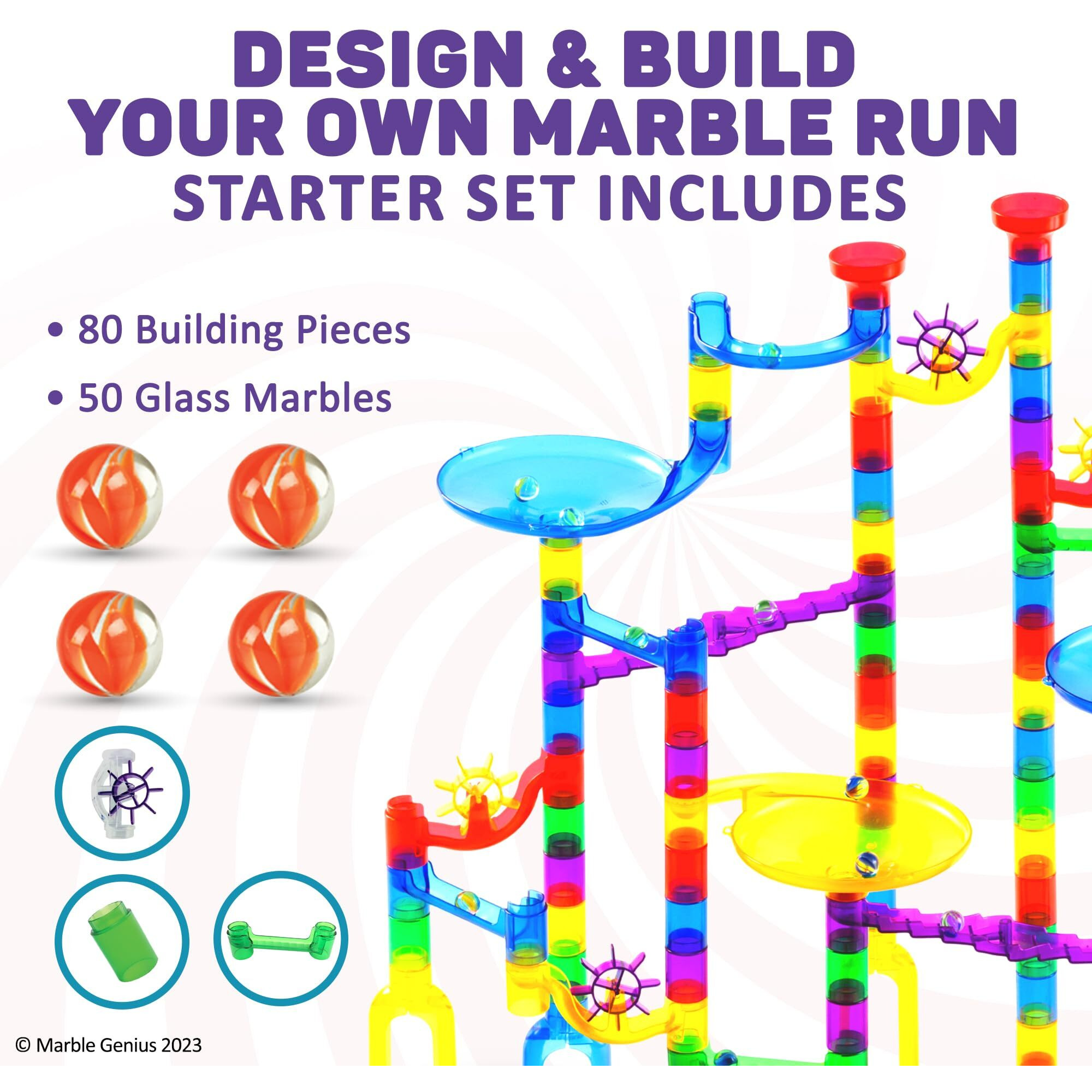 Marble Genius Marble Run - 130 Complete Pieces Maze Track Christmas Toys For Adults, Teens, Toddlers & Kids Aged 4-8 Years Old, (80 Translucent Marbulous Pieces + 50 Glass-Marble Set), Starter Set