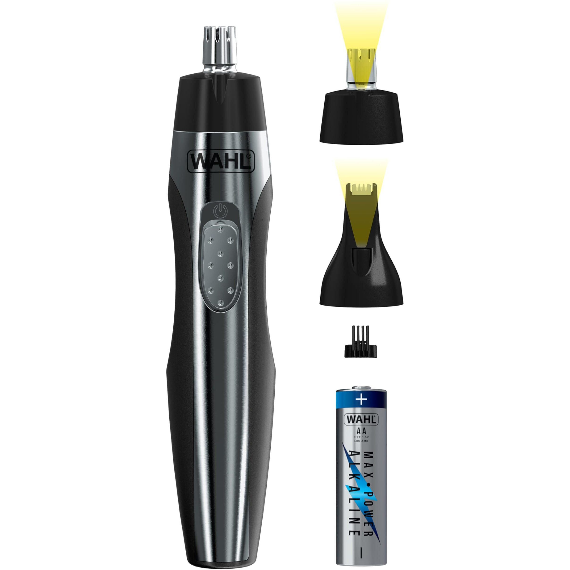 Wahl Mens Nose And Ear Trimmer (3 Piece Set) Ear Hair Removal Stainless-Steel Blades, Cordless Convenience, Lightweight And Portable, Easy Clean Rinseable Heads, Noise Trimmer (Black/Silver)