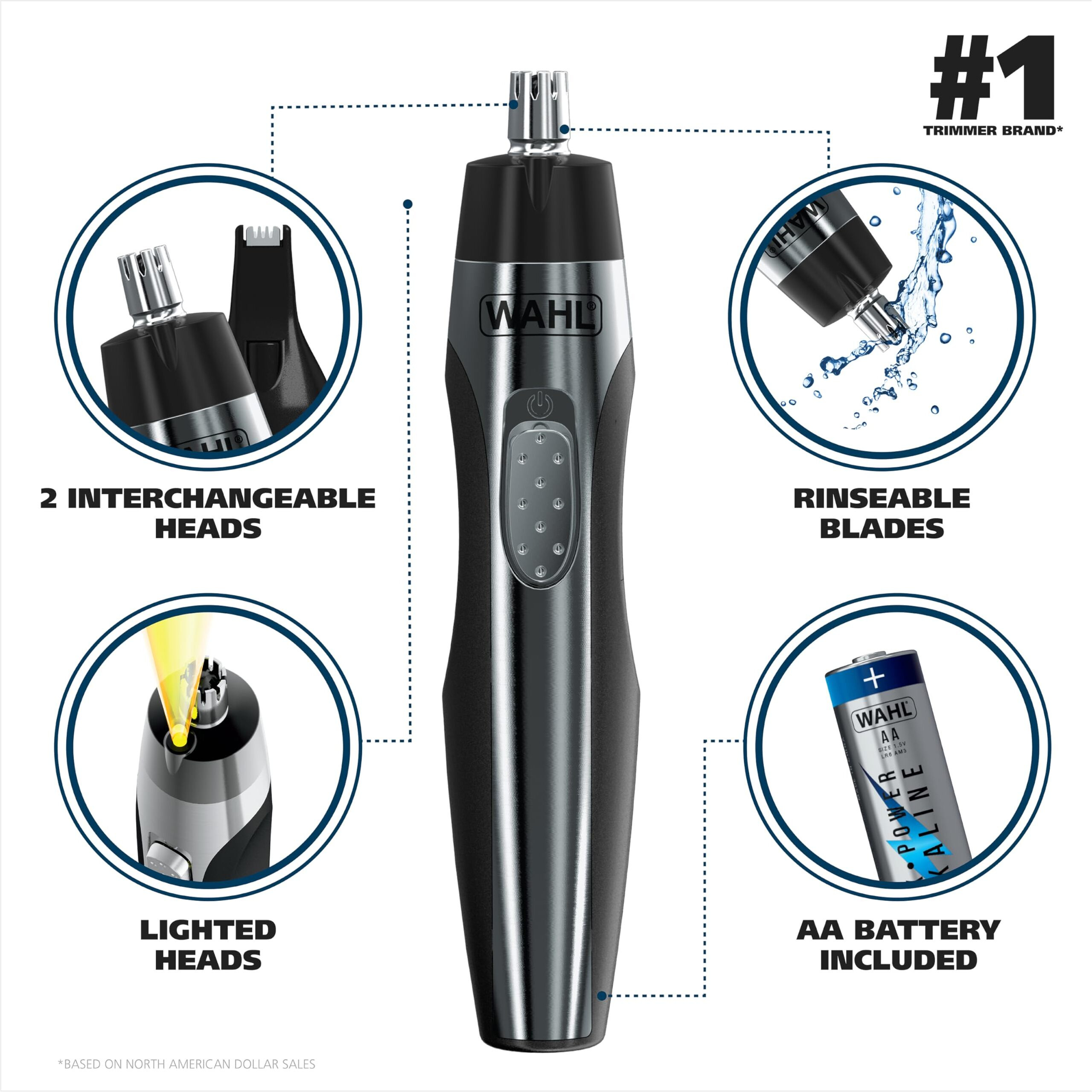 Wahl Mens Nose And Ear Trimmer (3 Piece Set) Ear Hair Removal Stainless-Steel Blades, Cordless Convenience, Lightweight And Portable, Easy Clean Rinseable Heads, Noise Trimmer (Black/Silver)