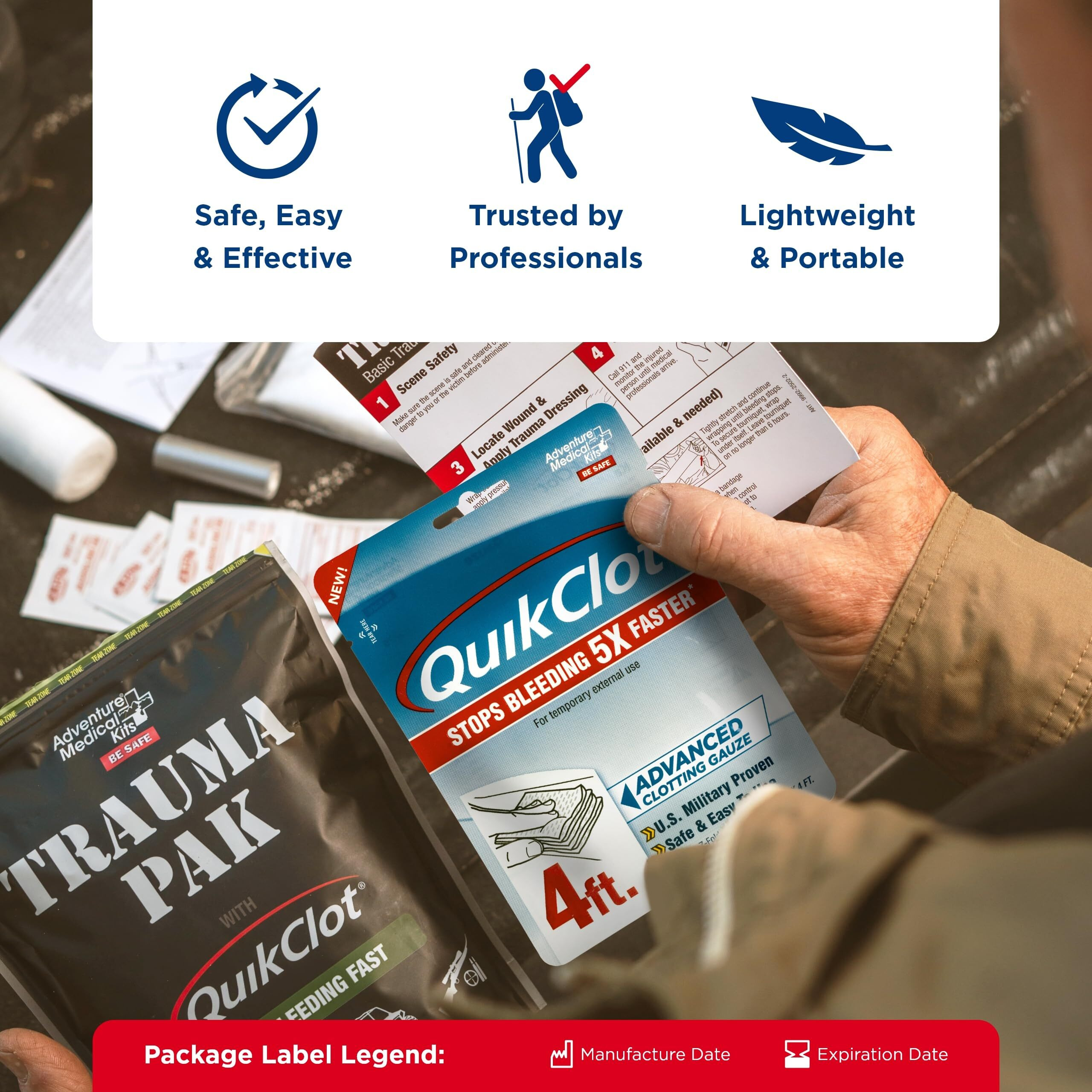 Adventure Medical Kits Quikclot Gauze - Gauze For Emergency Survival Kit, Doomsday Prepping Supplies & More - Stops Bleeding Fast With Kaolin - Flexible Hemostatic Medical Gauze - 3"" X 24"" (2 Strips)