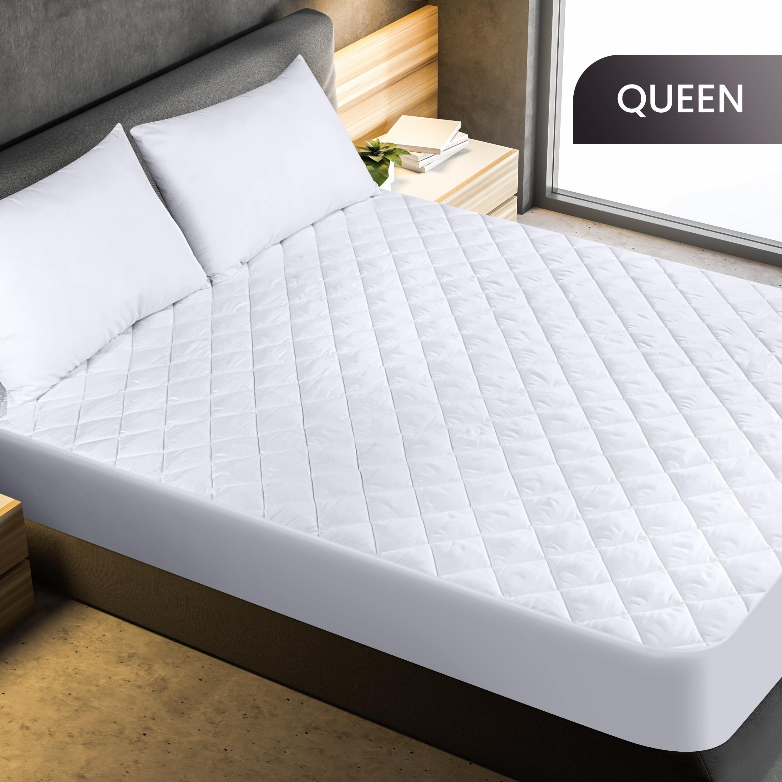 Utopia Bedding Quilted Fitted Mattress Pad (Queen), Elastic Fitted Mattress Protector, Mattress Cover Stretches Up To 16 Inches Deep, Machine Washable Mattress Topper (White)