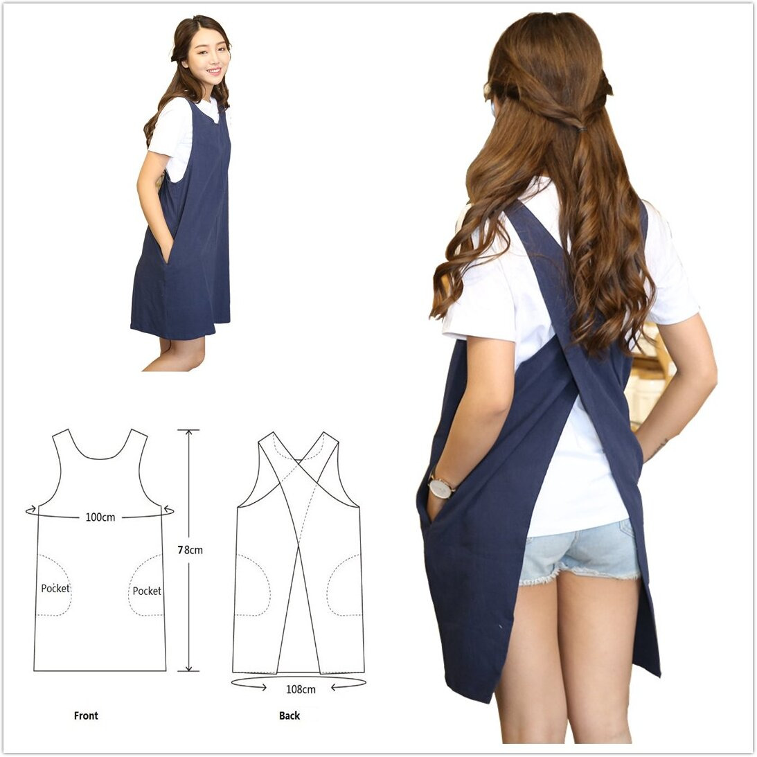 Aobbybbs Soft Cotton Linen Apron Solid Color Halter Cross Bandage Aprons Japanese Style X Shape Kitchen Cooking Clothes Gift For Women Chef Housewarming (Navy Blue)